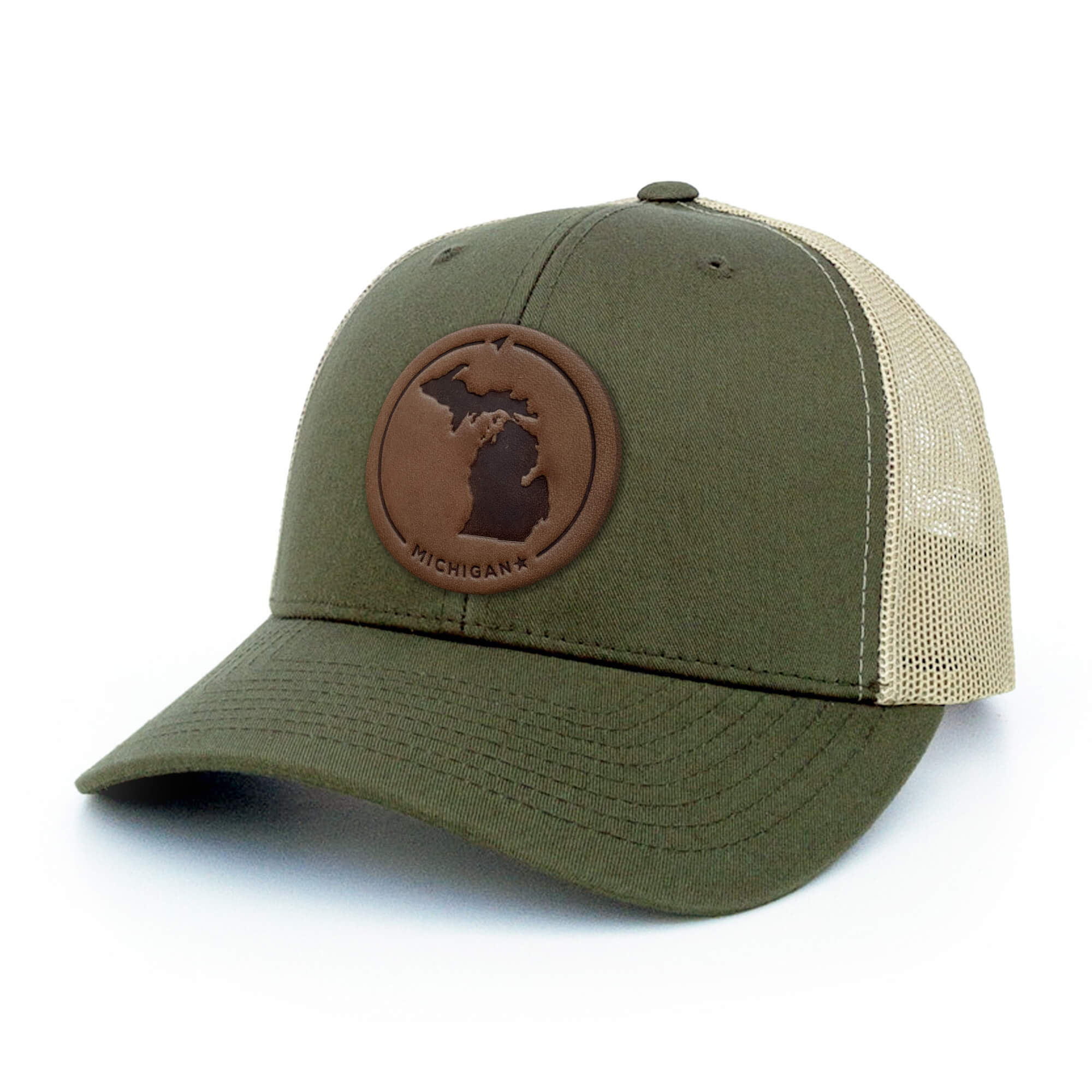 Moss Green and khaki trucker hat with full-grain leather patch of a Michigan | BLACK-003-007, CHARC-003-007, NAVY-003-007, HGREY-003-007, MOSS-003-007, BROWN-003-007