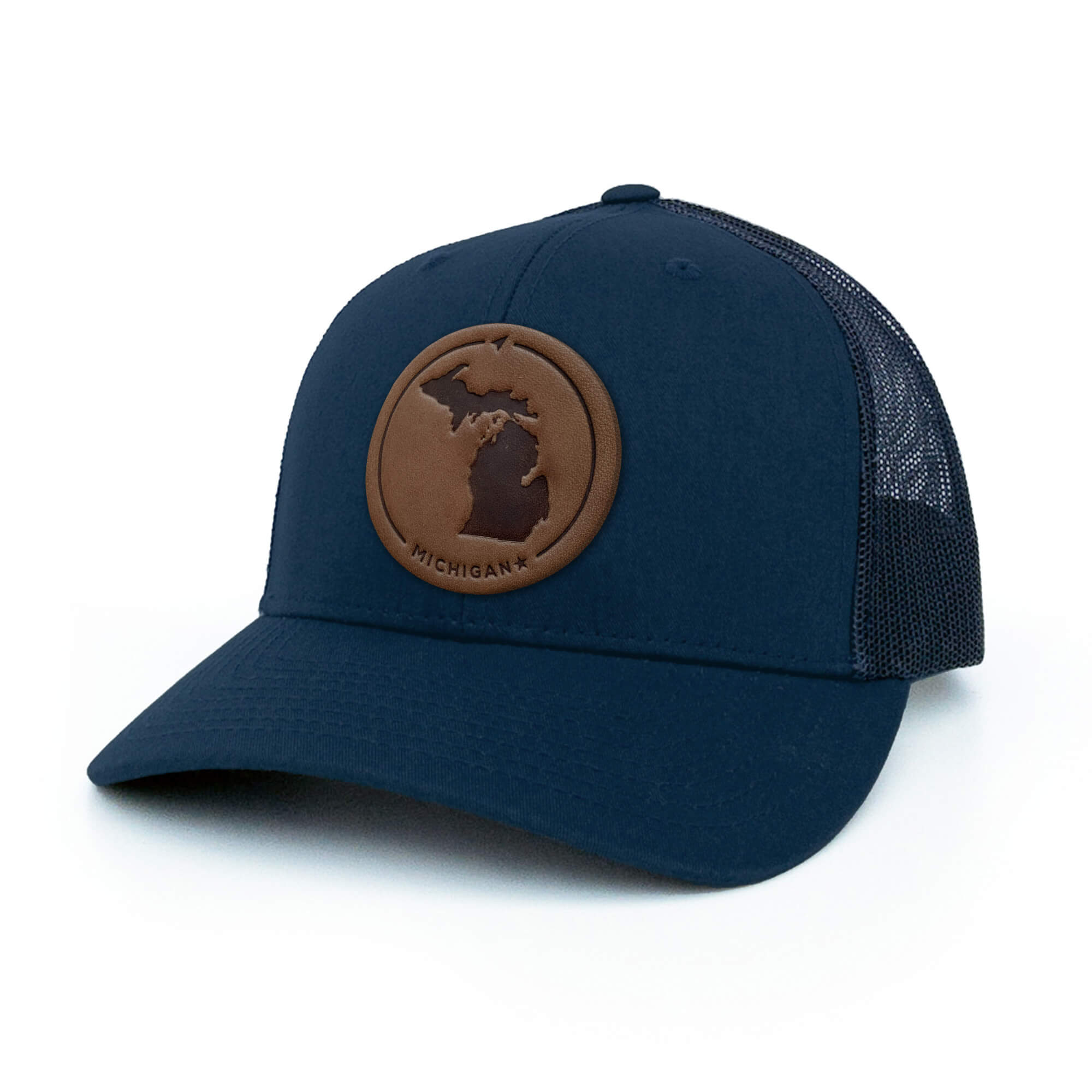 Navy trucker hat with full-grain leather patch of a Michigan | BLACK-003-007, CHARC-003-007, NAVY-003-007, HGREY-003-007, MOSS-003-007, BROWN-003-007