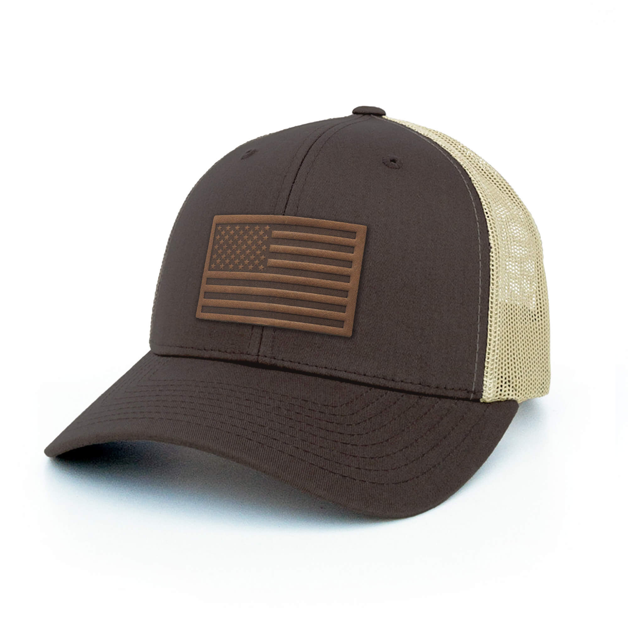 Navy trucker hat with full-grain leather patch of USA Flag | BLACK-003-012, CHARC-003-012, NAVY-003-012, HGREY-003-012, MOSS-003-012, BROWN-003-012