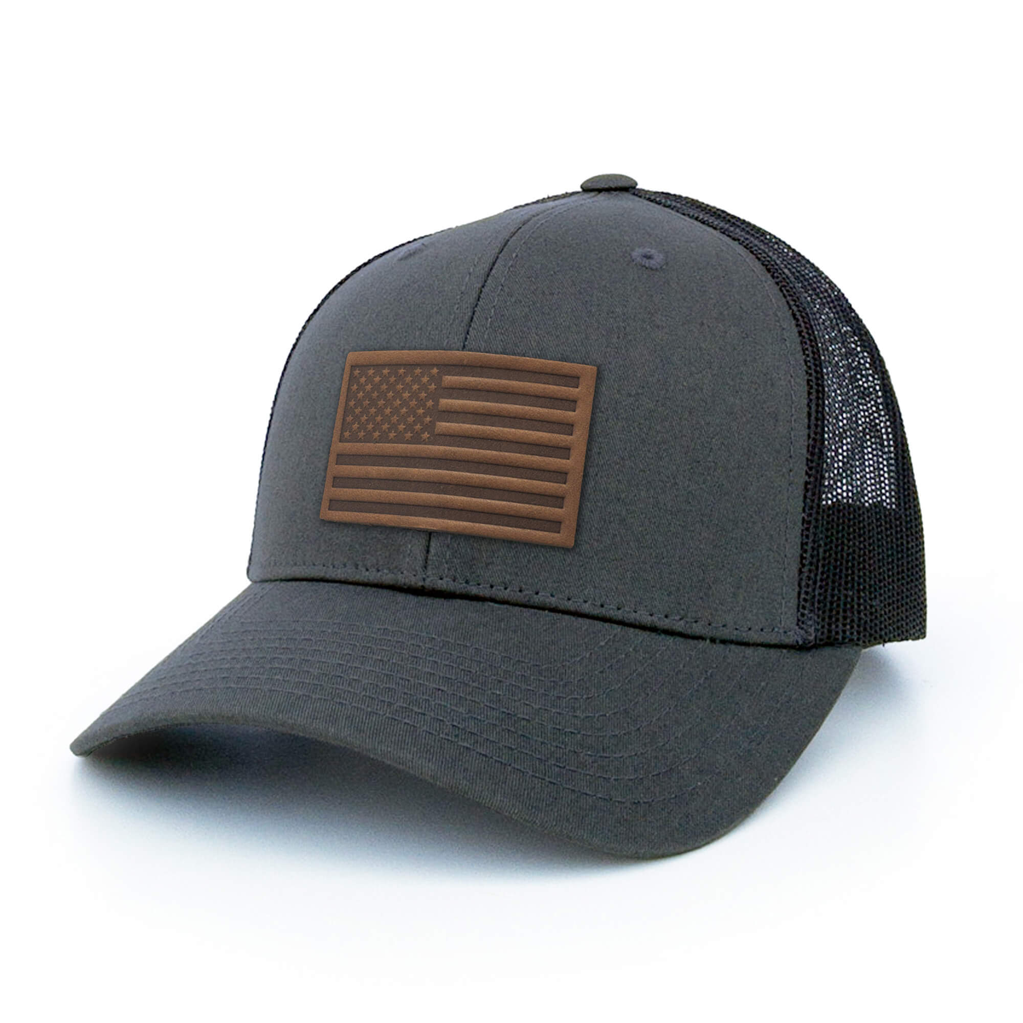 Charcoal trucker hat with full-grain leather patch of USA Flag | BLACK-003-012, CHARC-003-012, NAVY-003-012, HGREY-003-012, MOSS-003-012, BROWN-003-012