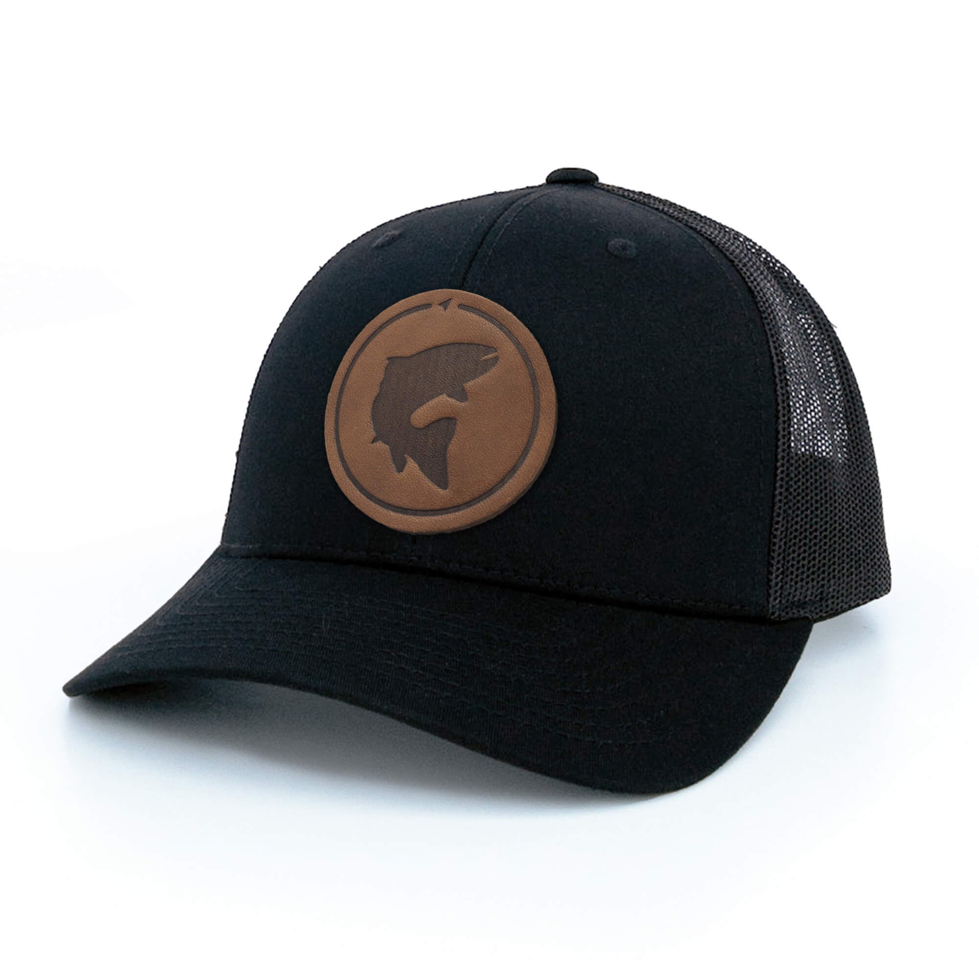 Black trucker hat with full-grain leather patch of a Trout | BLACK-004-001, CHARC-004-001, NAVY-004-001, HGREY-004-001, MOSS-004-001, BROWN-004-001