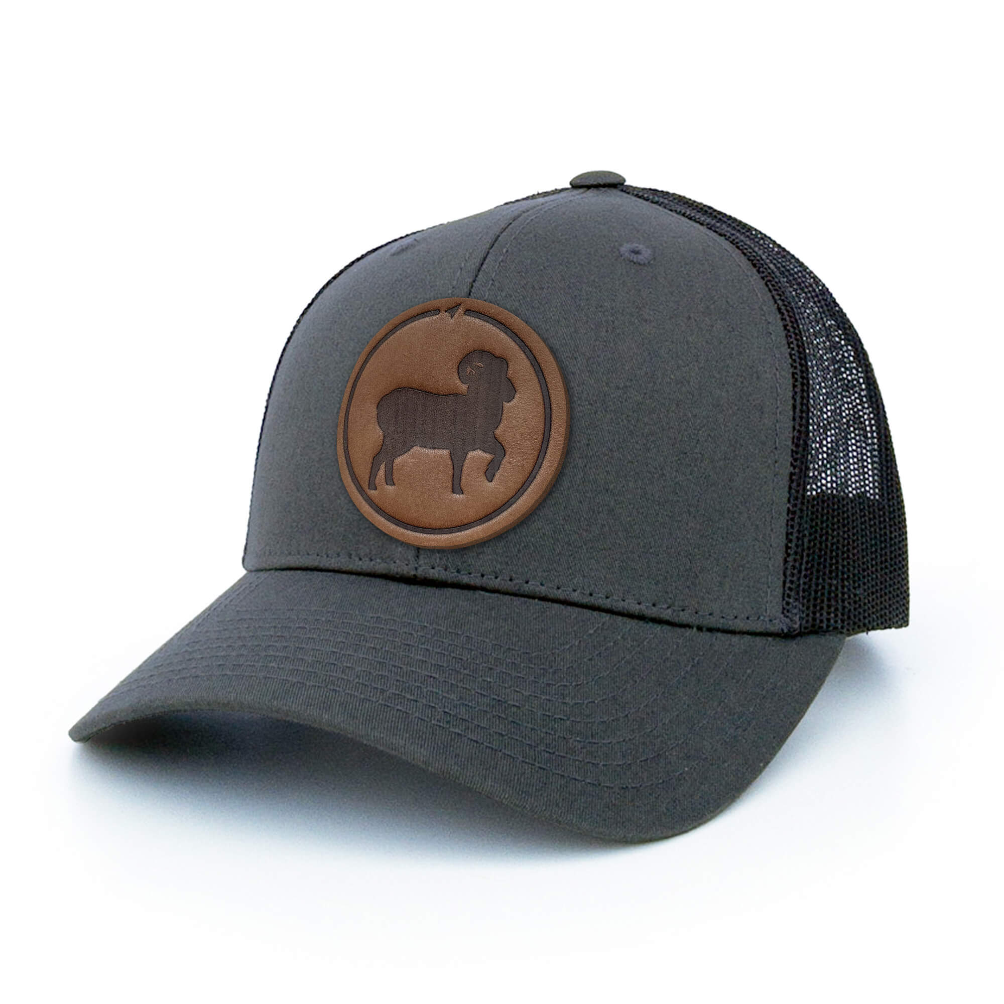 Charcoal trucker hat with full-grain leather patch of a Bighorn Sheep | BLACK-004-002, CHARC-004-002, NAVY-004-002, HGREY-004-002, MOSS-004-002, BROWN-004-002