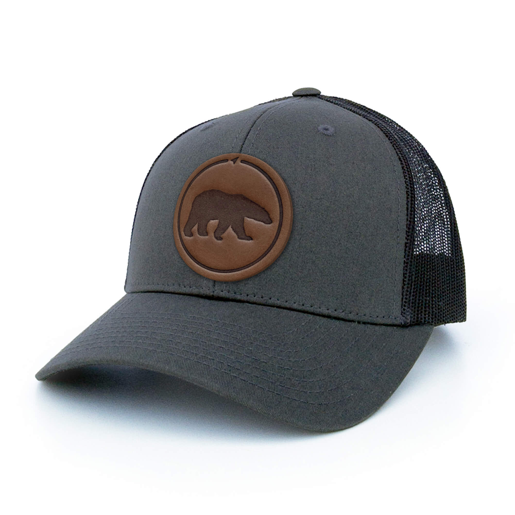 Charcoal trucker hat with full-grain leather patch of a Polar Bear | BLACK-004-003, CHARC-004-003, NAVY-004-003, HGREY-004-003, MOSS-004-003, BROWN-004-003