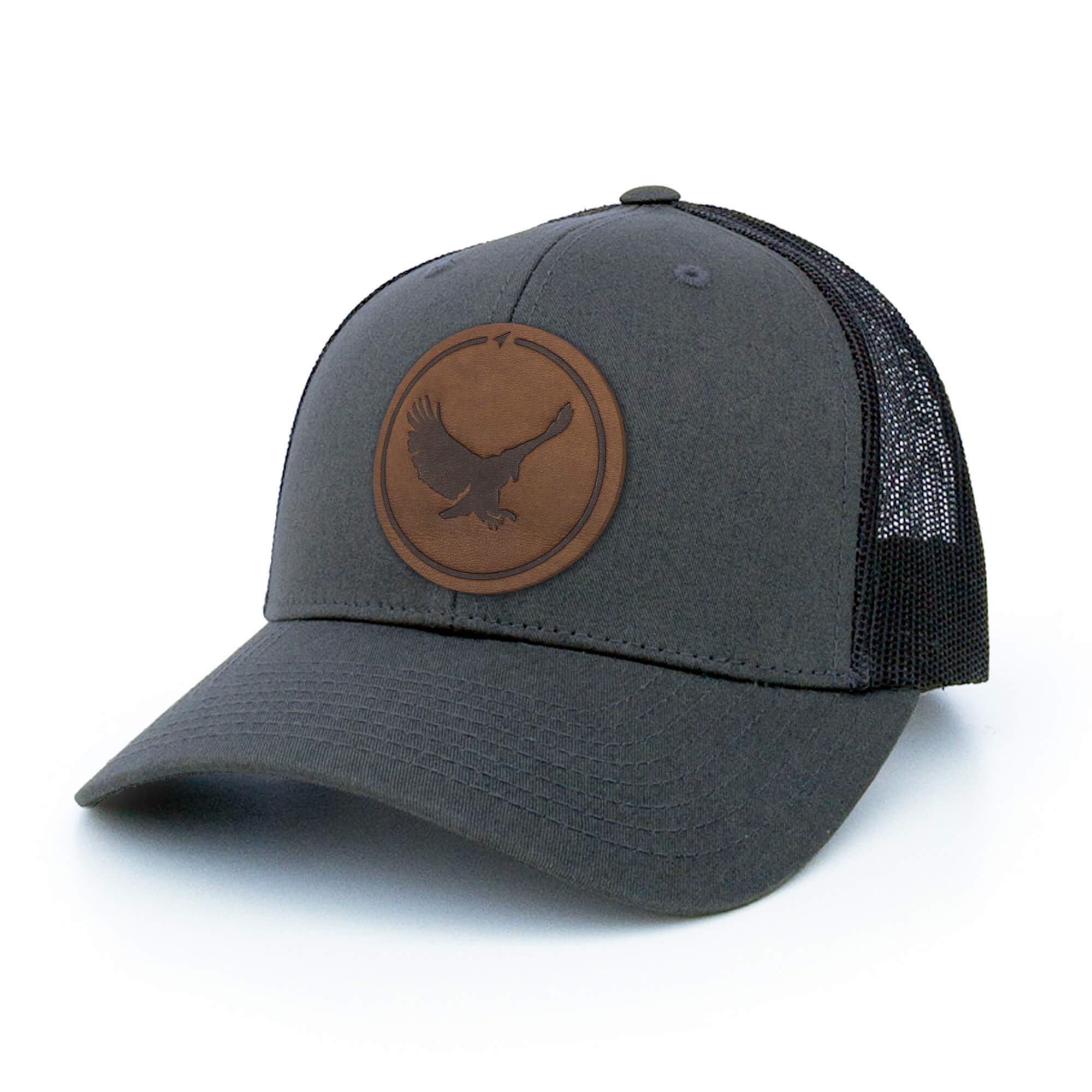 Charcoal trucker hat with full-grain leather patch of an Eagle | BLACK-004-004, CHARC-004-004, NAVY-004-004, HGREY-004-004, MOSS-004-004, BROWN-004-004