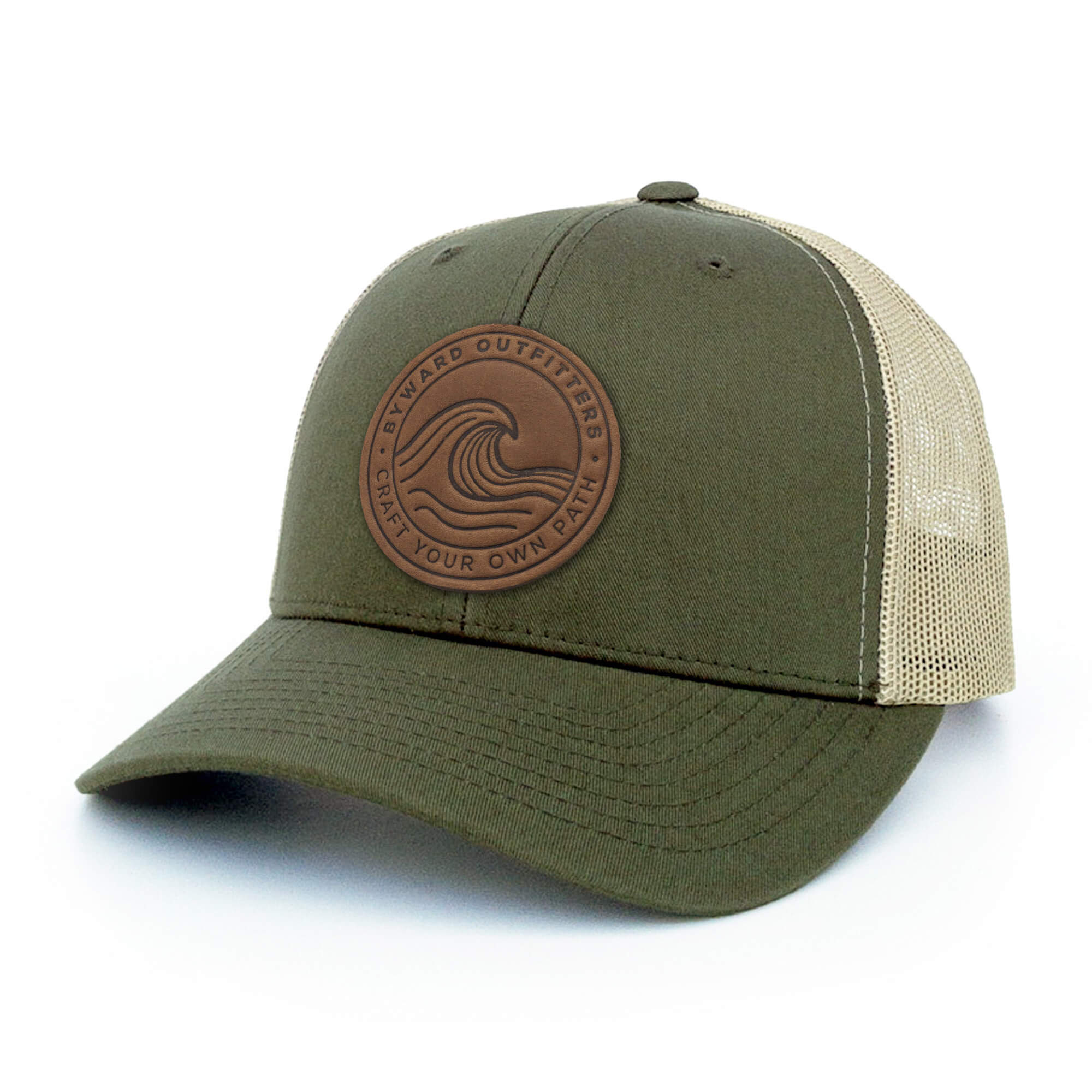 Moss Green and khaki trucker hat with full-grain leather patch of a Rolling Wave | BLACK-005-003, CHARC-005-003, NAVY-005-003, HGREY-005-003, MOSS-005-003, BROWN-005-003