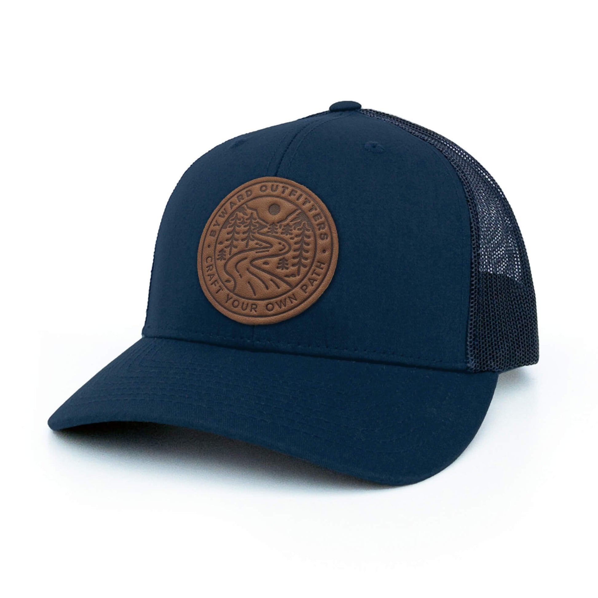 Navy trucker hat with full-grain leather patch of Winding Wilderness | BLACK-005-004, CHARC-005-004, NAVY-005-004, HGREY-005-004, MOSS-005-004, BROWN-005-004