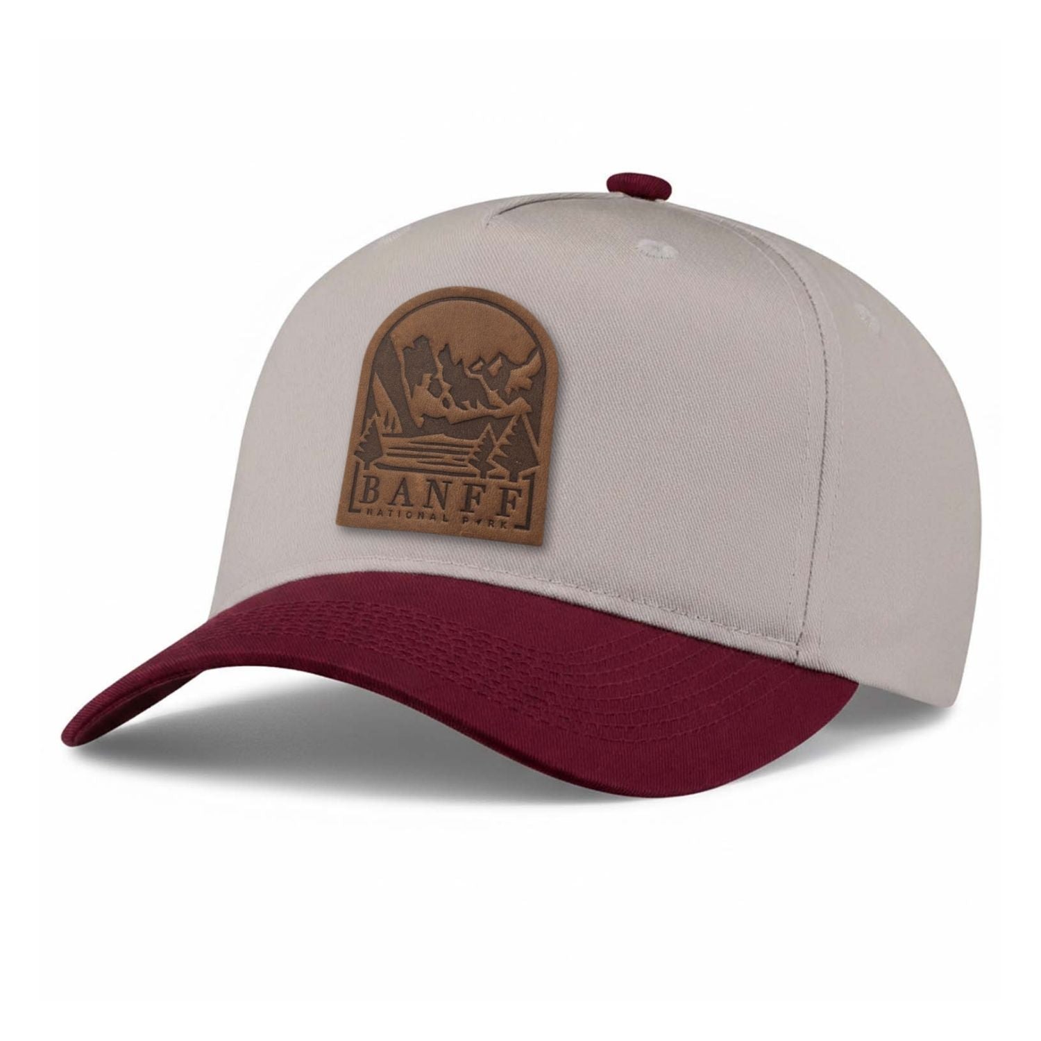 Banff National Park leather patch hat, 5-Panel hat colour Putty & Burgundy