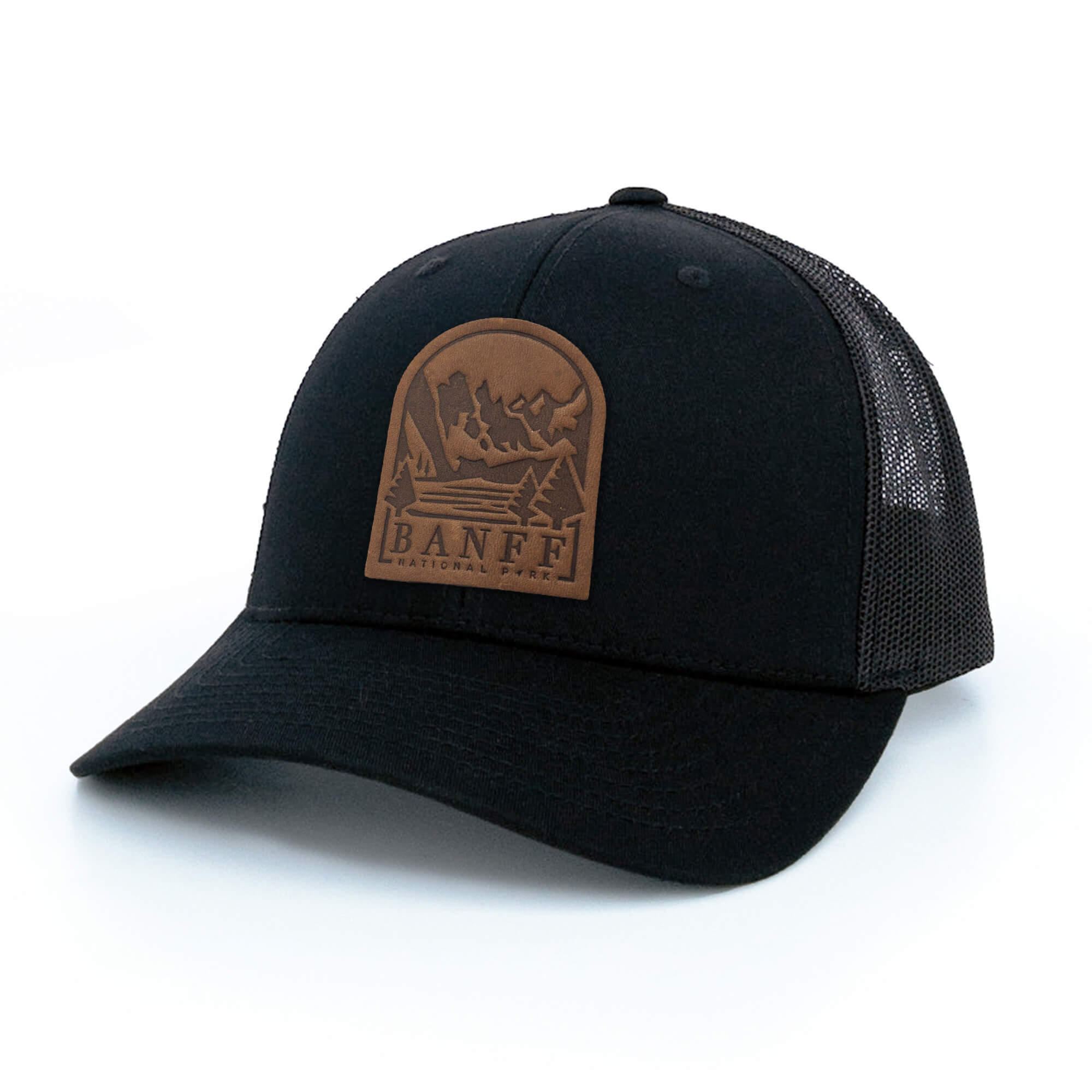 Black trucker hat with full-grain leather patch of Banff National Park | BLACK-007-001, CHARC-007-001, NAVY-007-001, HGREY-007-001, MOSS-007-001, BROWN-007-001