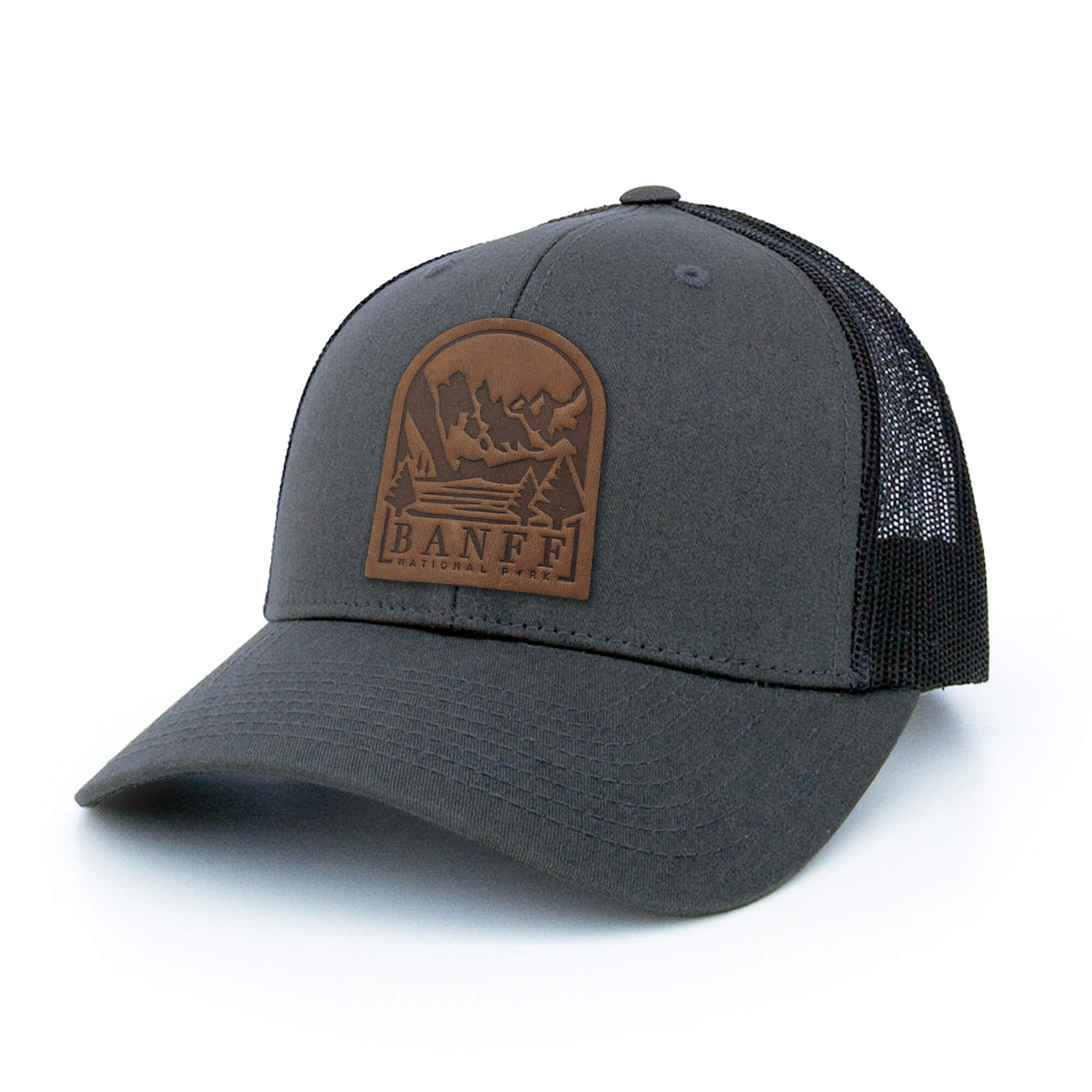 Charcoal trucker hat with full-grain leather patch of Banff National Park | BLACK-007-001, CHARC-007-001, NAVY-007-001, HGREY-007-001, MOSS-007-001, BROWN-007-001