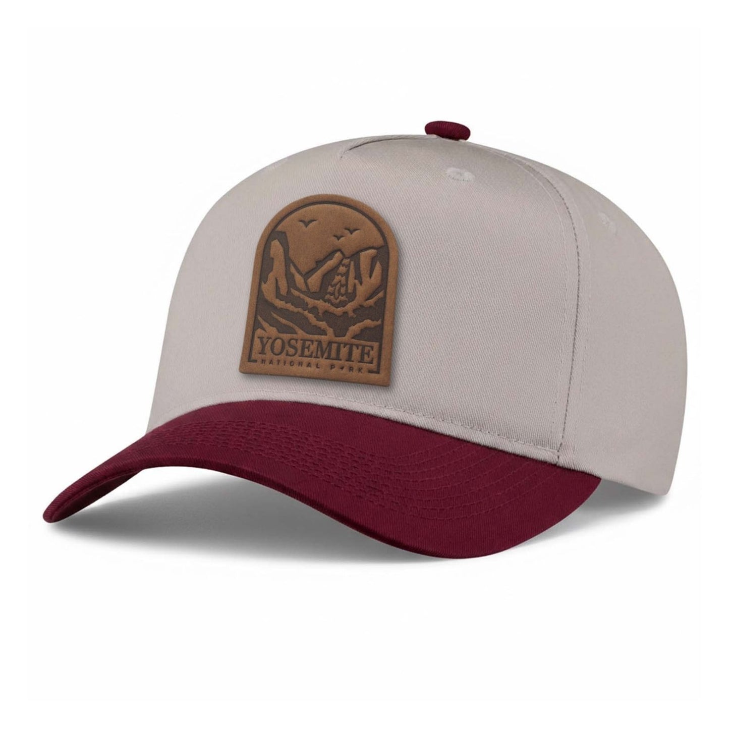 Yosemite National Park leather patch hat, 5-Panel hat colour Putty & Burgundy