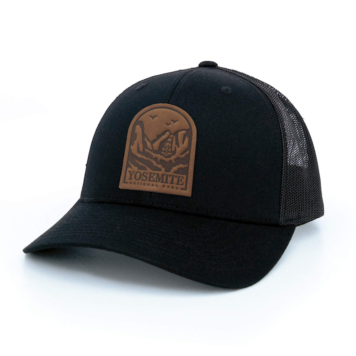 Black trucker hat with full-grain leather patch of Yosemite National Park | BLACK-007-002, CHARC-007-002, NAVY-007-002, HGREY-007-002, MOSS-007-002, BROWN-007-002