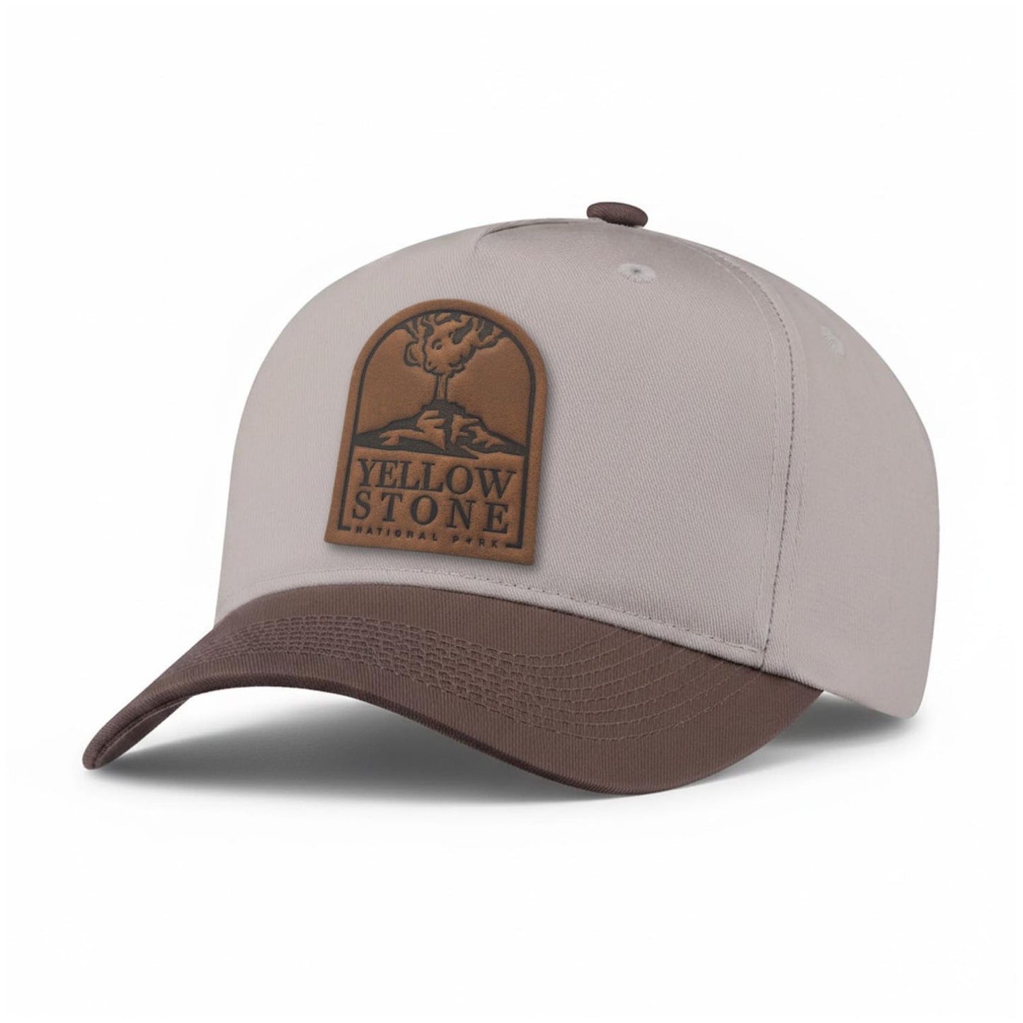 Yellowstone National Park leather patch hat on a Putty & Brown 5-panel hat 