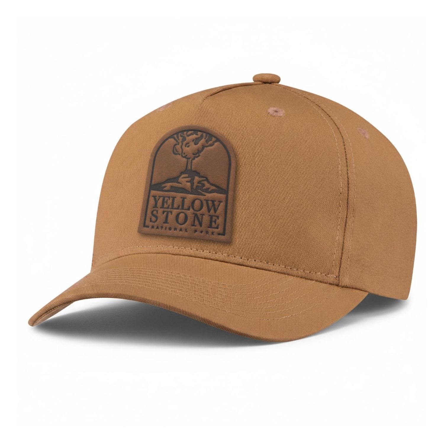 Yellowstone National Park leather patch hat on a brown 5-panel hat 