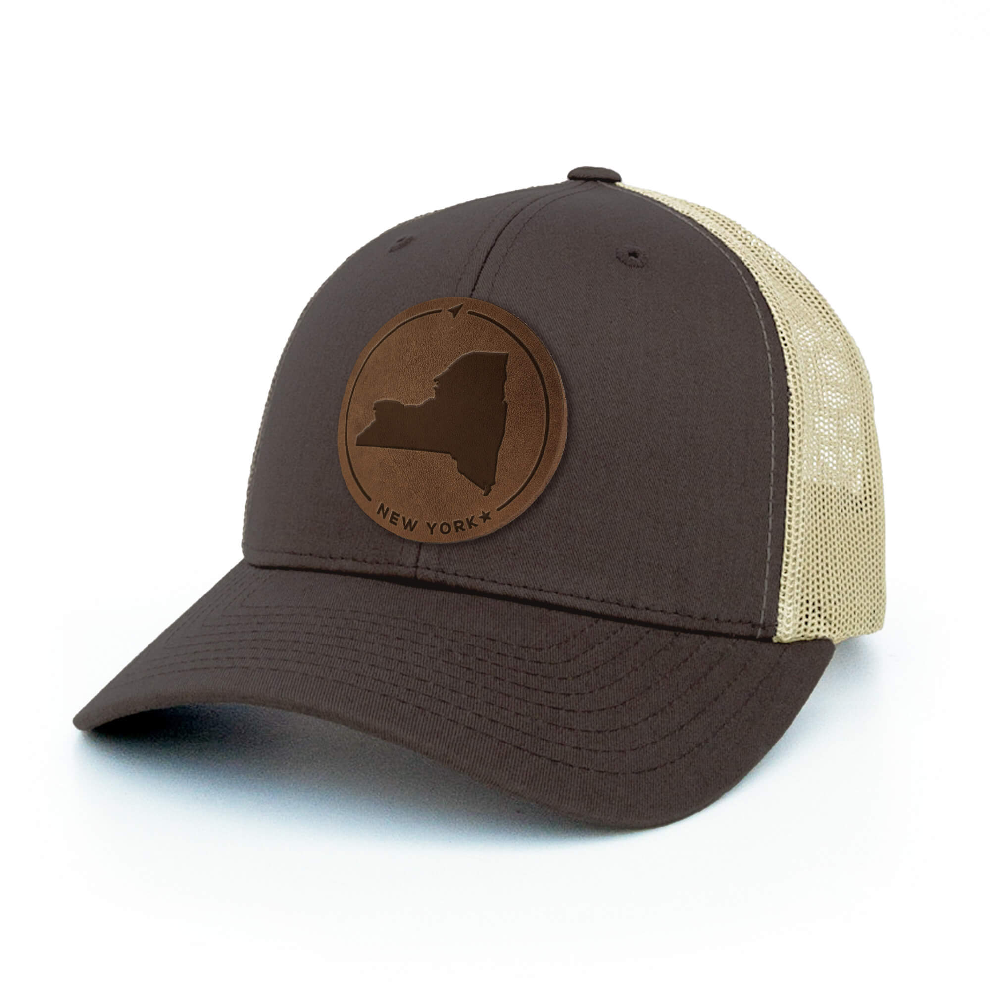 Brown and khaki trucker hat with full-grain leather patch of New York | BLACK-003-006, CHARC-003-006, NAVY-003-006, HGREY-003-006, MOSS-003-006, BROWN-003-006