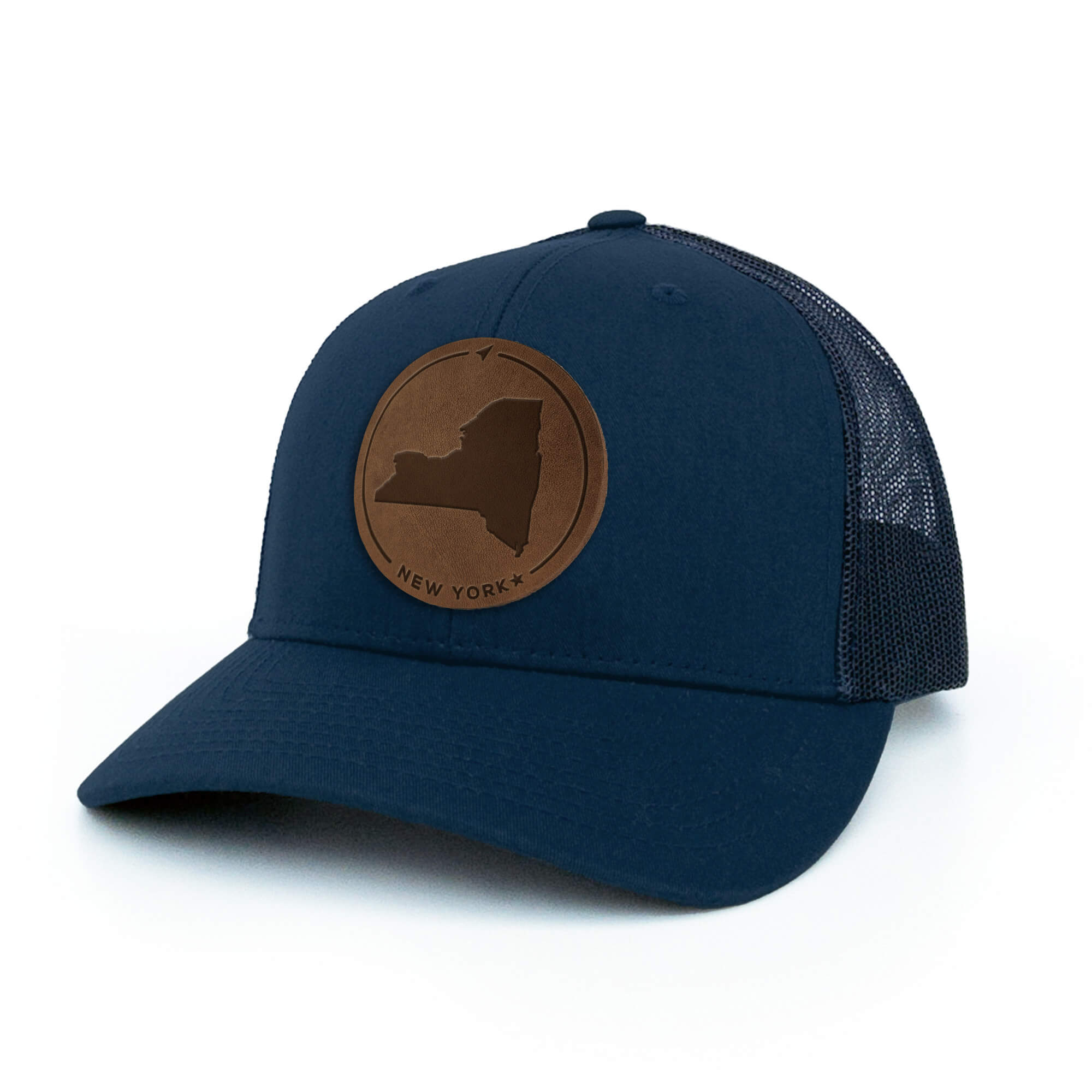 Navy trucker hat with full-grain leather patch of New York | BLACK-003-006, CHARC-003-006, NAVY-003-006, HGREY-003-006, MOSS-003-006, BROWN-003-006