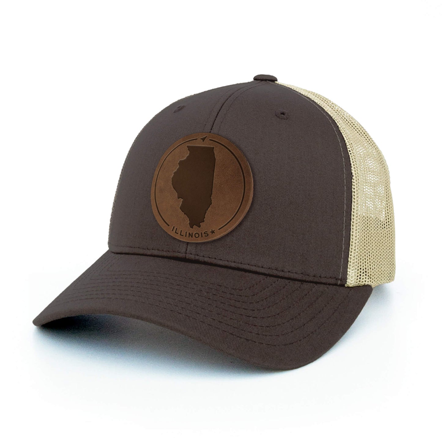 Brown and khaki trucker hat with full-grain leather patch of Illinois | BLACK-003-008, CHARC-003-008, NAVY-003-008, HGREY-003-008, MOSS-003-008, BROWN-003-008