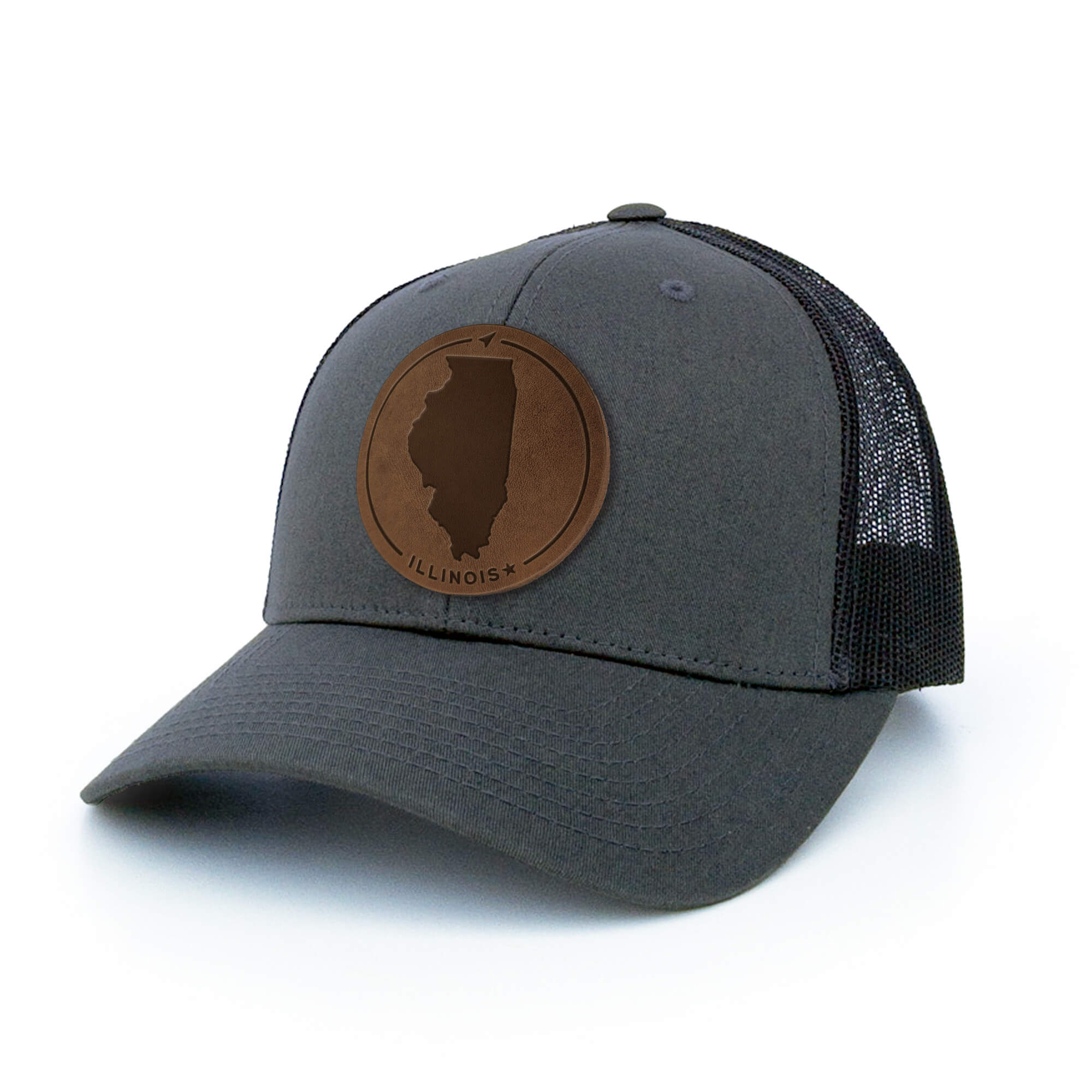Charcoal trucker hat with full-grain leather patch of Illinois | BLACK-003-008, CHARC-003-008, NAVY-003-008, HGREY-003-008, MOSS-003-008, BROWN-003-008