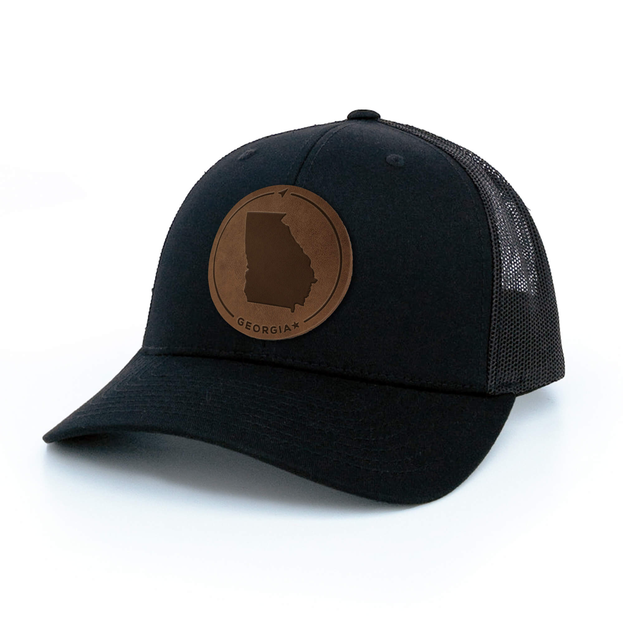 Black trucker hat with full-grain leather patch of Georgia | BLACK-003-009, CHARC-003-009, NAVY-003-009, HGREY-003-009, MOSS-003-009, BROWN-003-009
