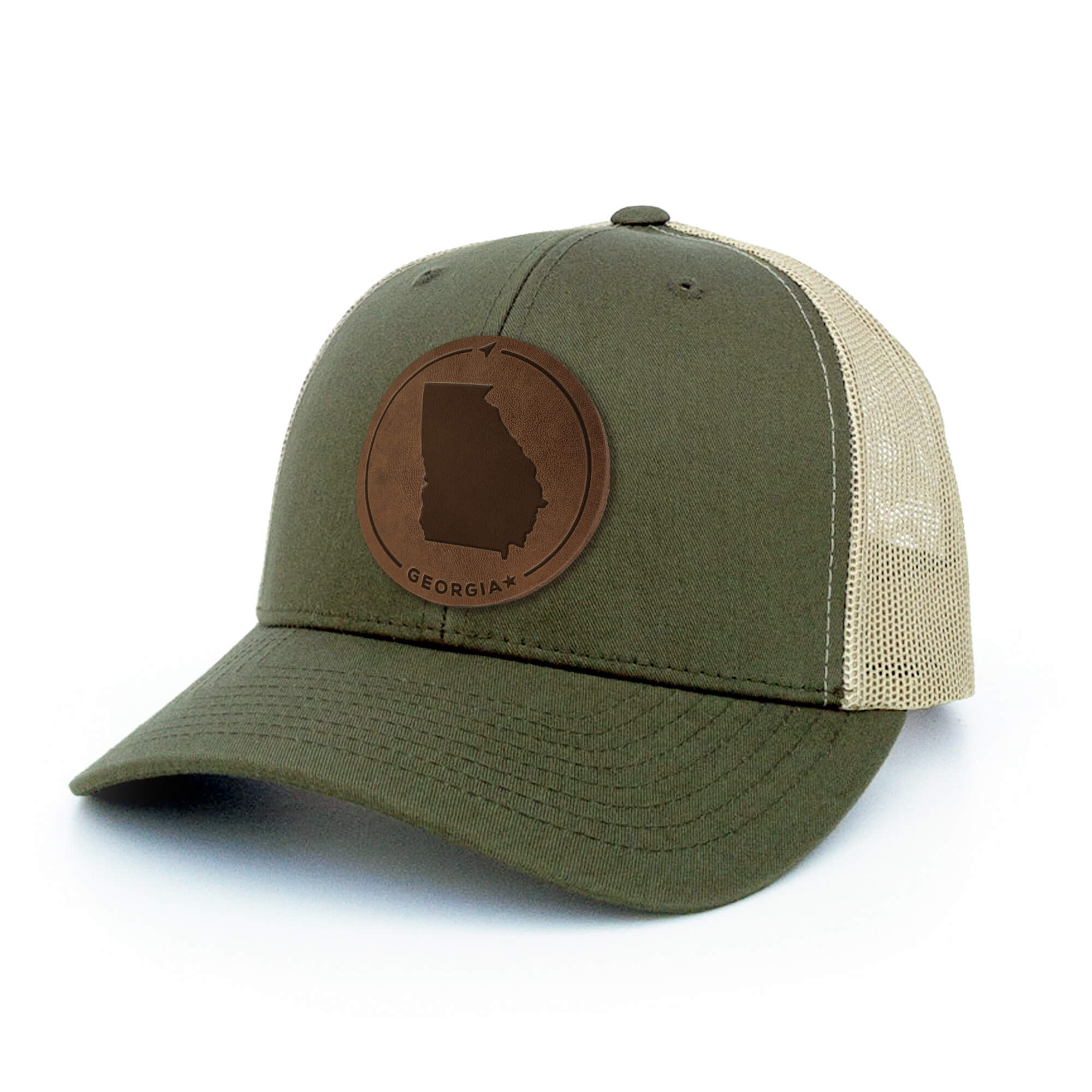 Moss Green and khaki trucker hat with full-grain leather patch of Georgia | BLACK-003-009, CHARC-003-009, NAVY-003-009, HGREY-003-009, MOSS-003-009, BROWN-003-009