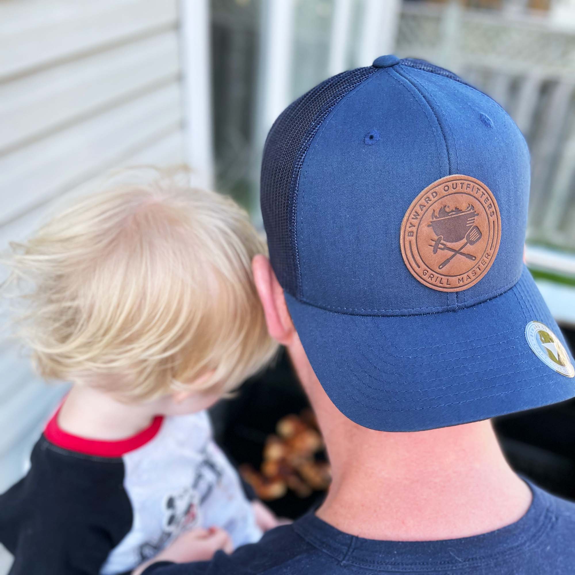 Navy trucker hat with full-grain leather patch of Grill Master | BLACK-006-002, CHARC-006-002, NAVY-006-002, HGREY-006-002, MOSS-006-002, BROWN-006-002