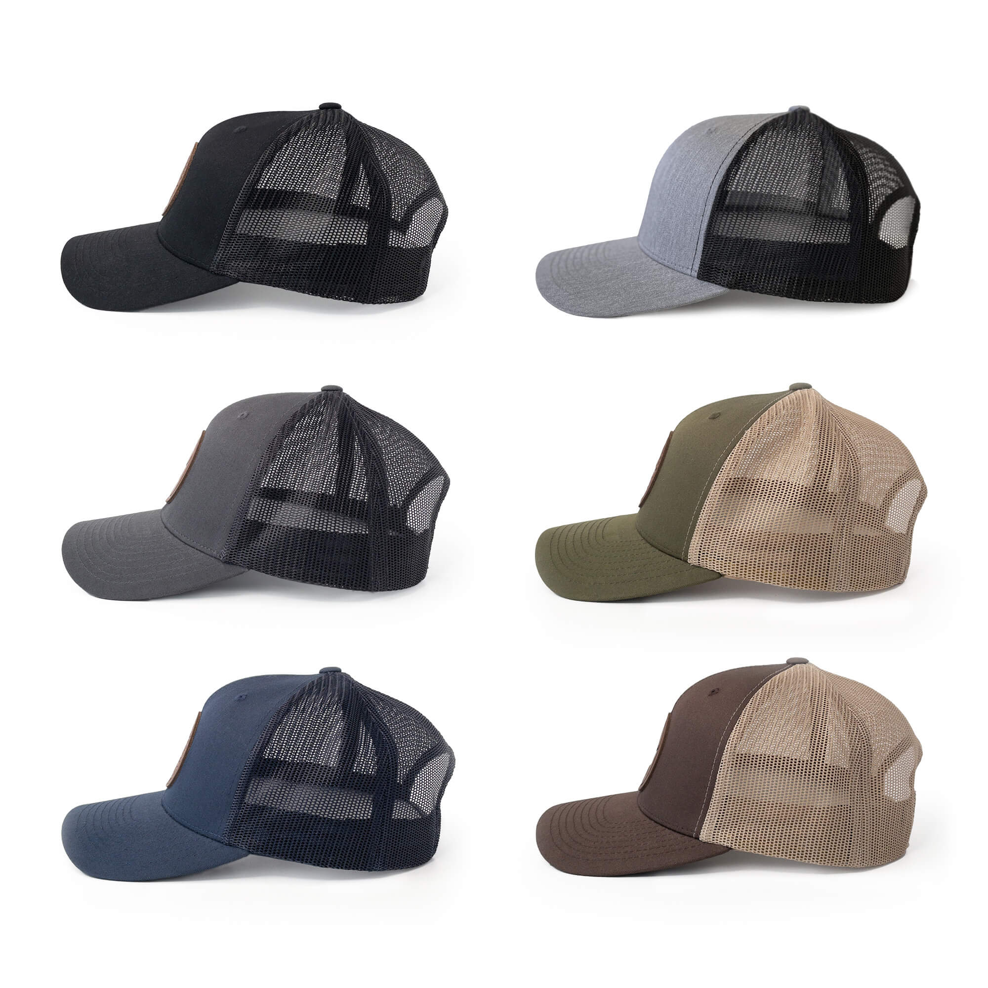 Leather patch trucker hats available in 6 colors | BLACK-005-001, CHARC-005-001, NAVY-005-001, HGREY-005-001, MOSS-005-001, BROWN-005-001