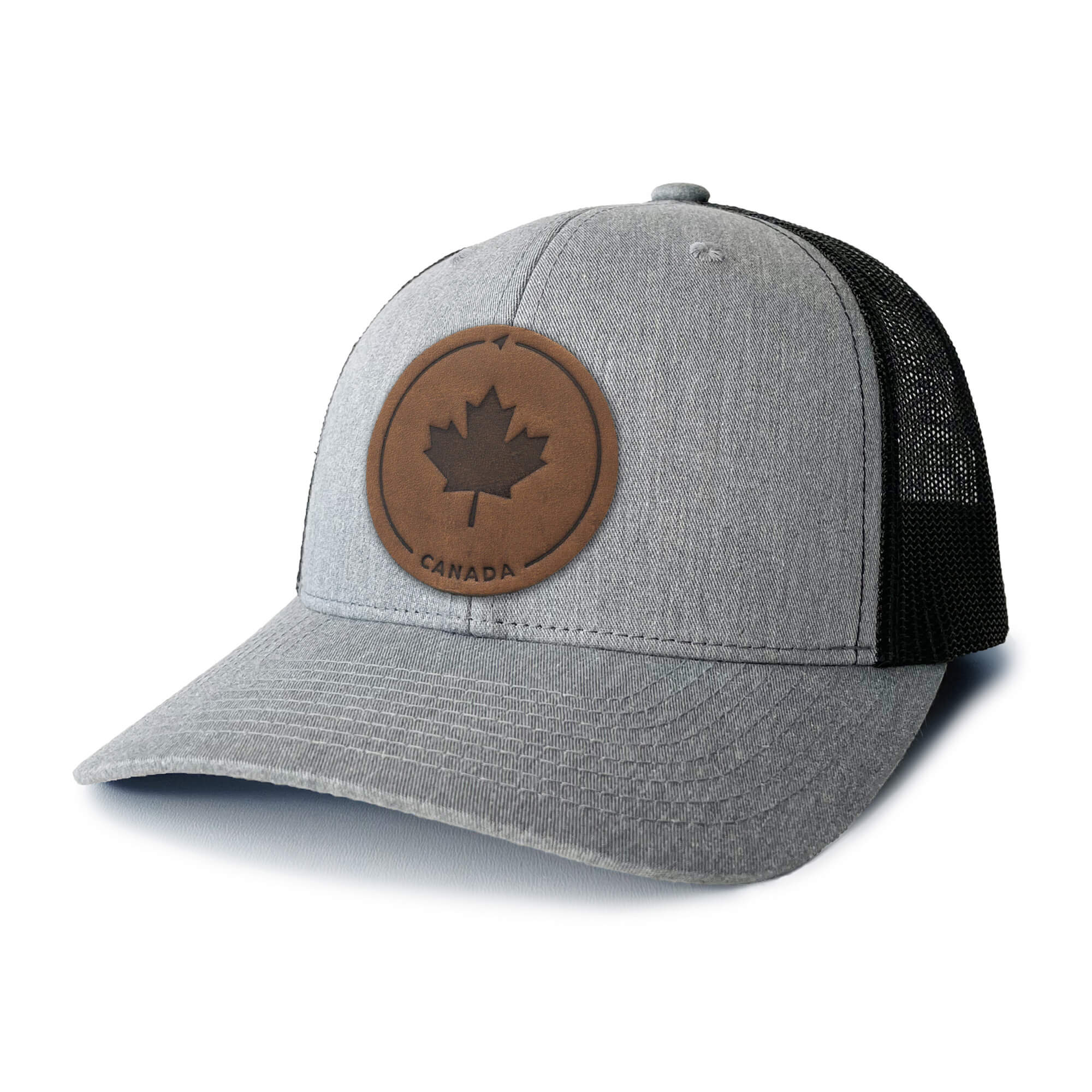 Heather Grey and white trucker hat with full-grain leather patch of Maple Leaf | BLACK-002-001, CHARC-002-001, NAVY-002-001, HGREY-002-001, MOSS-002-001, BROWN-002-001, RED-002-001