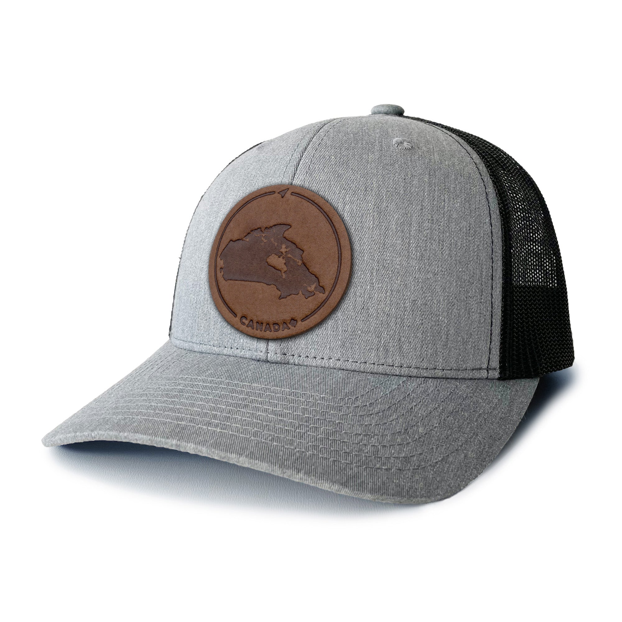 Heather Grey and white trucker hat with full-grain leather patch of Canada | BLACK-002-002, CHARC-002-002, NAVY-002-002, HGREY-002-002, MOSS-002-002, BROWN-002-002, RED-002-002