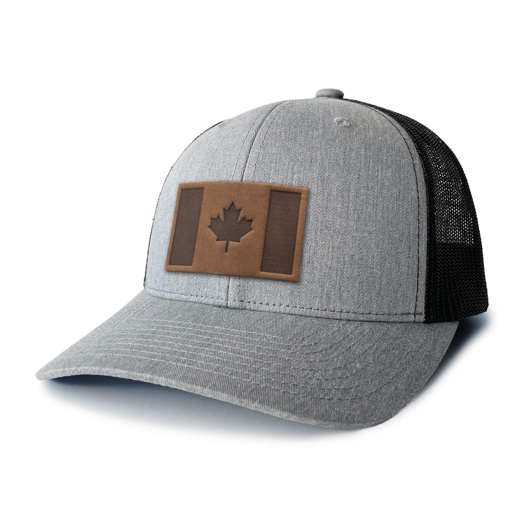 Heather Grey and white trucker hat with full-grain leather patch of Canada Flag | BLACK-002-009, CHARC-002-009, NAVY-002-009, HGREY-002-009, MOSS-002-009, BROWN-002-009, RED-002-009
