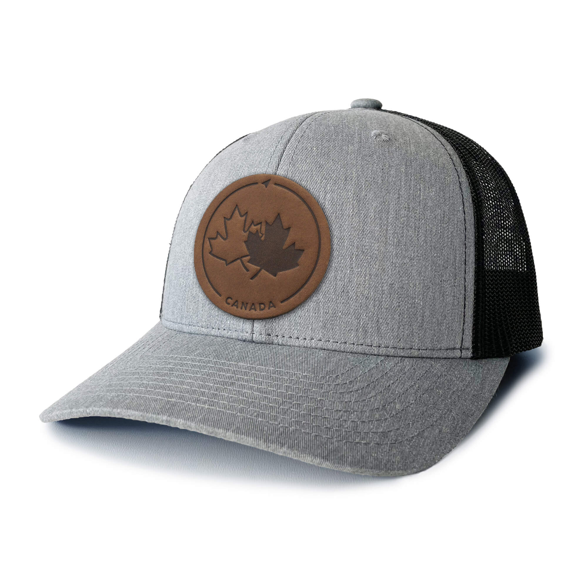 Heather Grey and white trucker hat with full-grain leather patch of Canada Strong and Free | BLACK-002-010, CHARC-002-010, NAVY-002-010, HGREY-002-010, MOSS-002-010, BROWN-002-010, RED-002-010