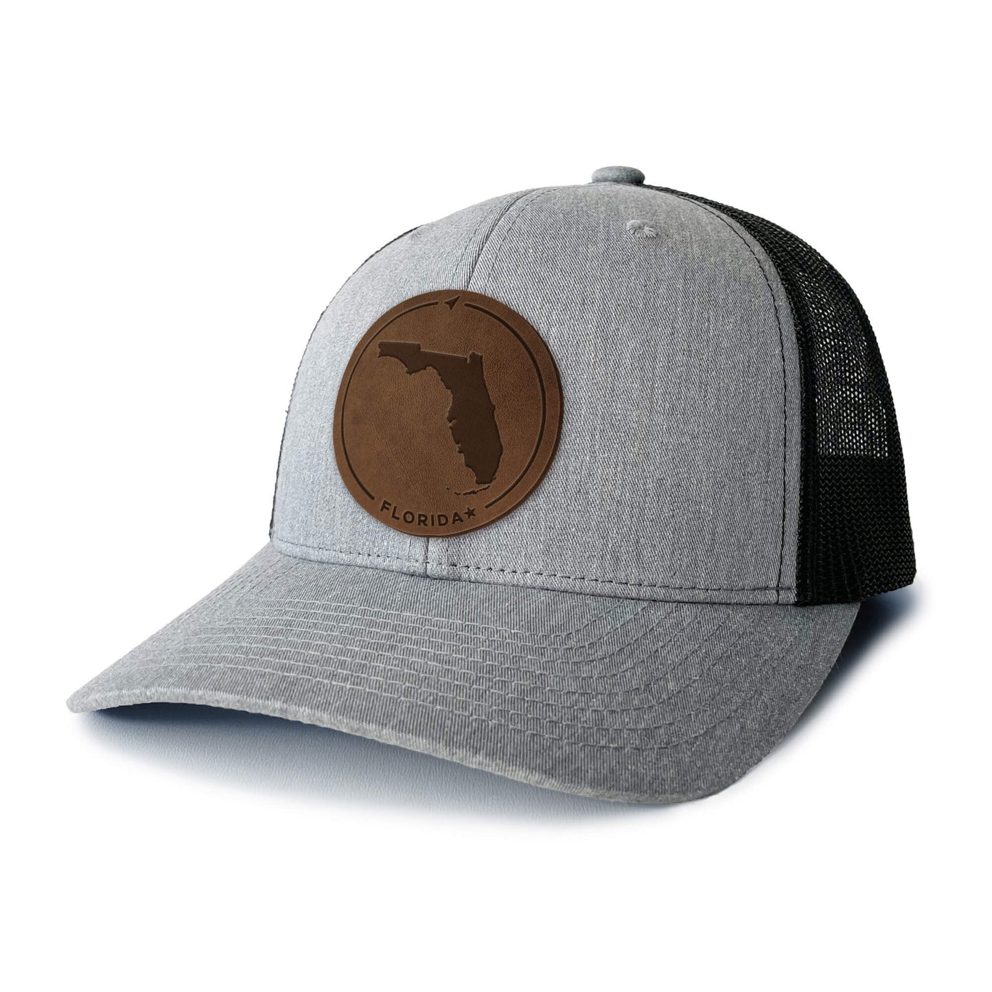 Heather Grey and white trucker hat with full-grain leather patch of Florida | BLACK-003-010, CHARC-003-010, NAVY-003-010, HGREY-003-010, MOSS-003-010, BROWN-003-010