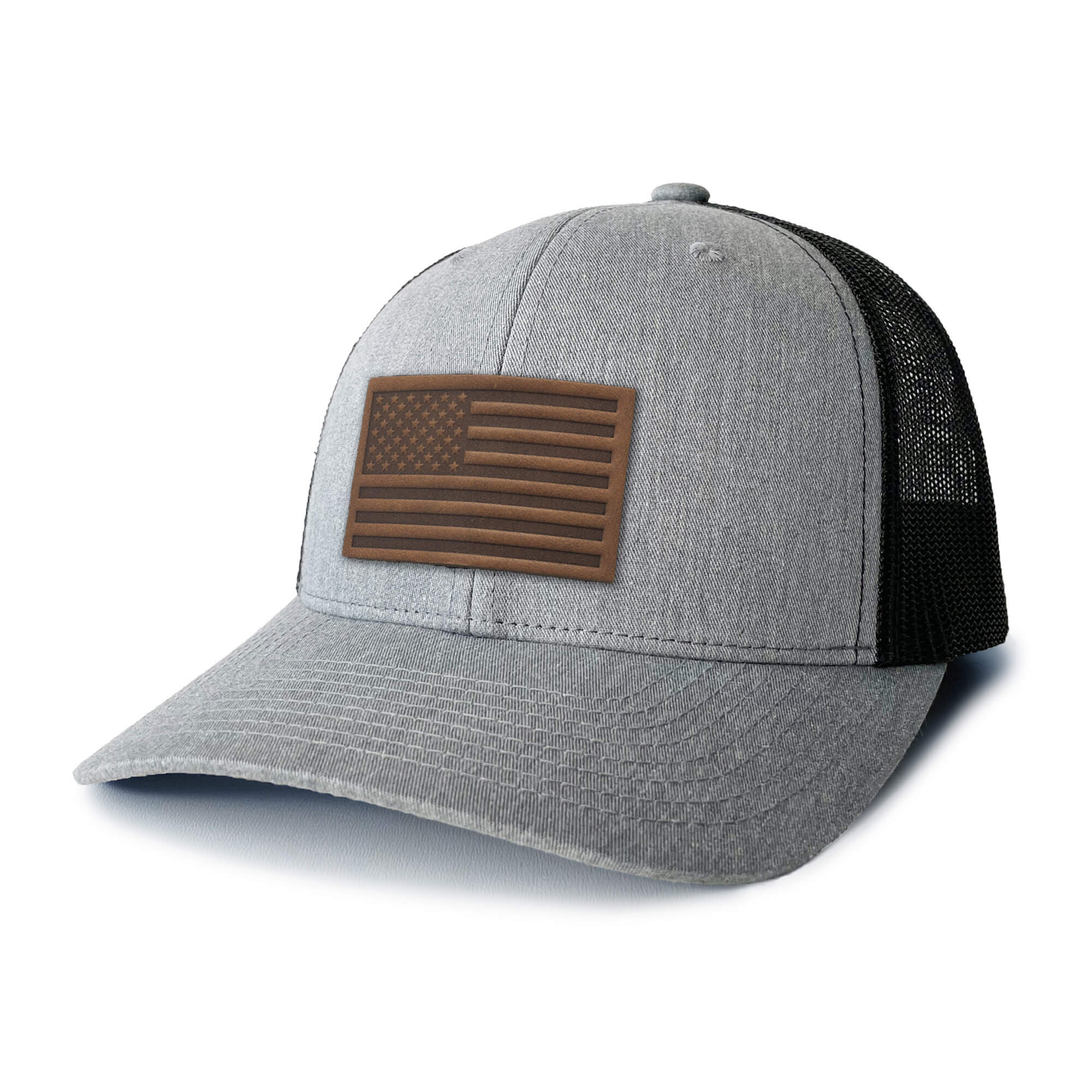 Heather Grey and white trucker hat with full-grain leather patch of USA Flag | BLACK-003-012, CHARC-003-012, NAVY-003-012, HGREY-003-012, MOSS-003-012, BROWN-003-012