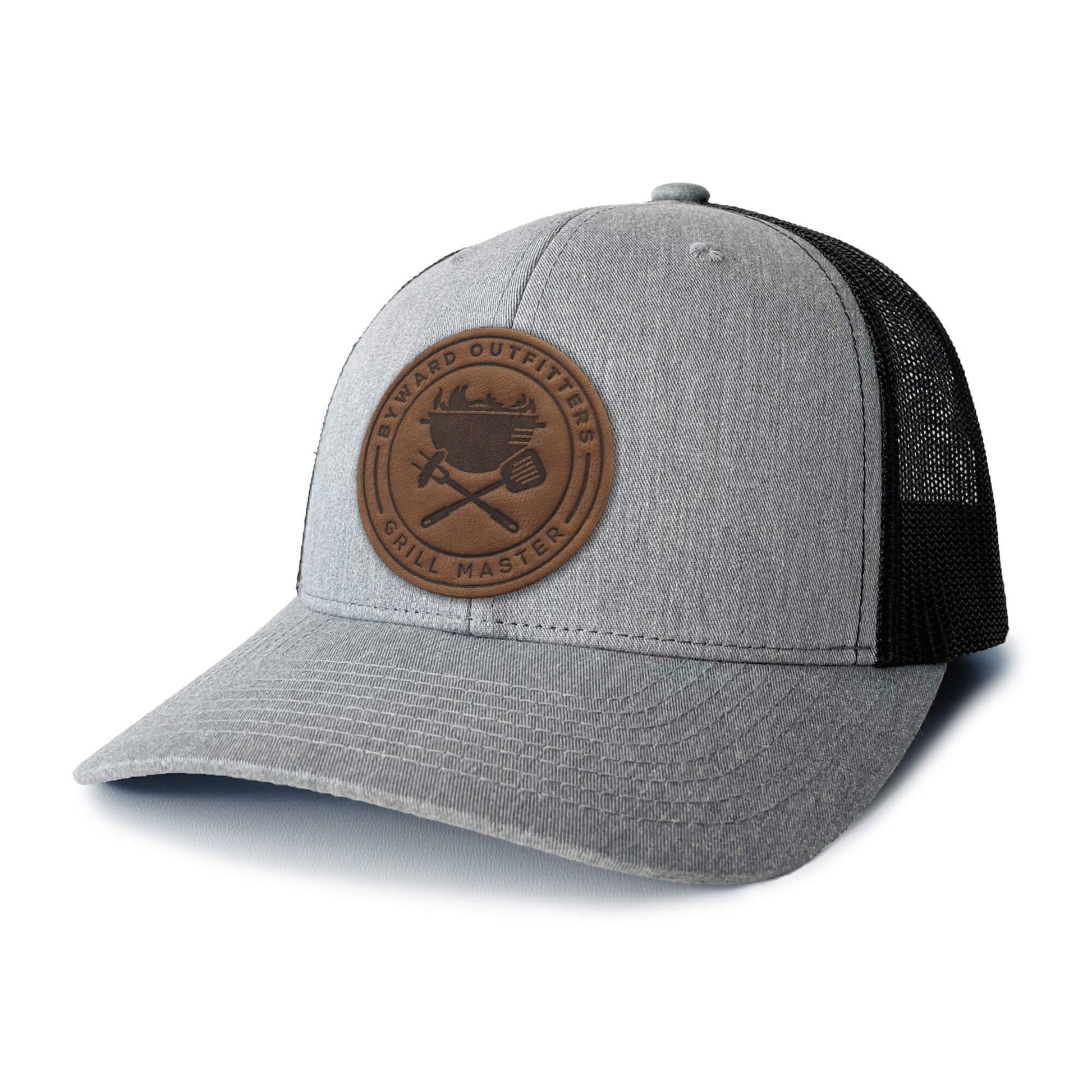 Heather Grey and white trucker hat with full-grain leather patch of Grill Master | BLACK-006-002, CHARC-006-002, NAVY-006-002, HGREY-006-002, MOSS-006-002, BROWN-006-002