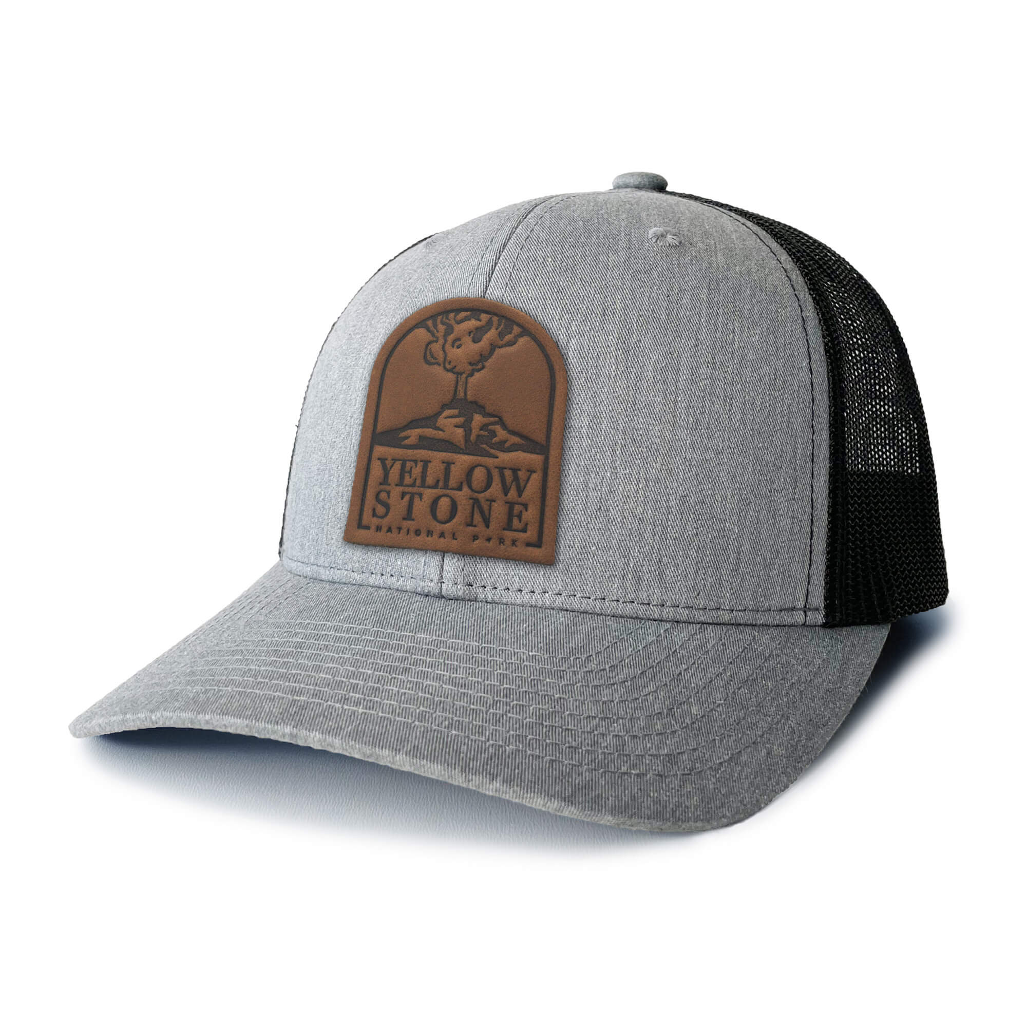 Heather grey and white trucker hat with full-grain leather patch of Yellowstone National Park | BLACK-007-005, CHARC-007-005, NAVY-007-005, HGREY-007-005, MOSS-007-005, BROWN-007-005