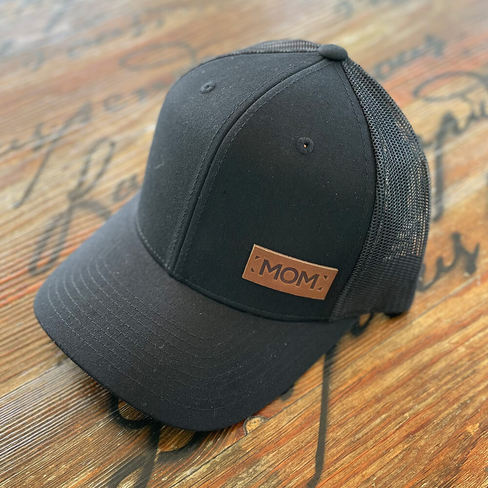 Personalized trucker hat with mom small text leather patch