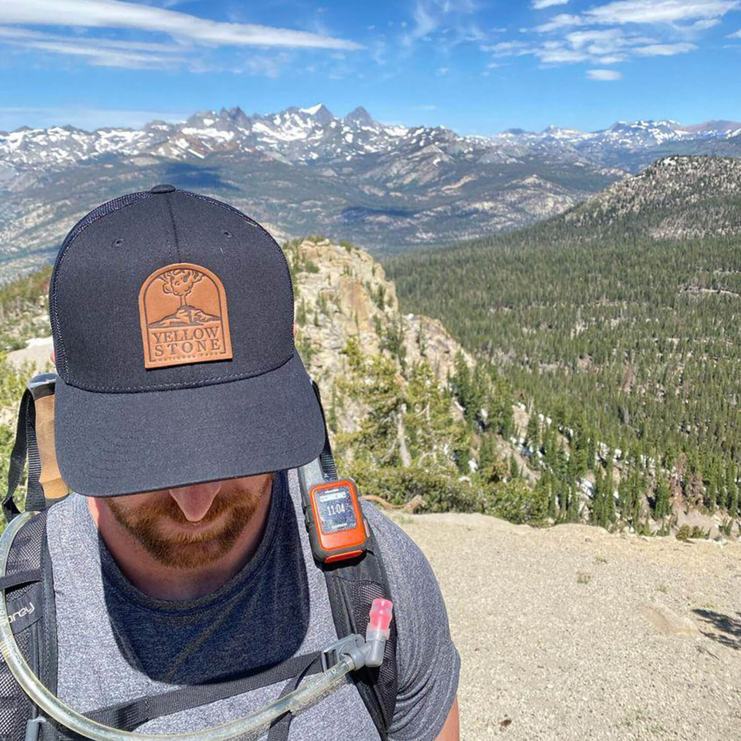 leather patch trucker hat worn at a national park