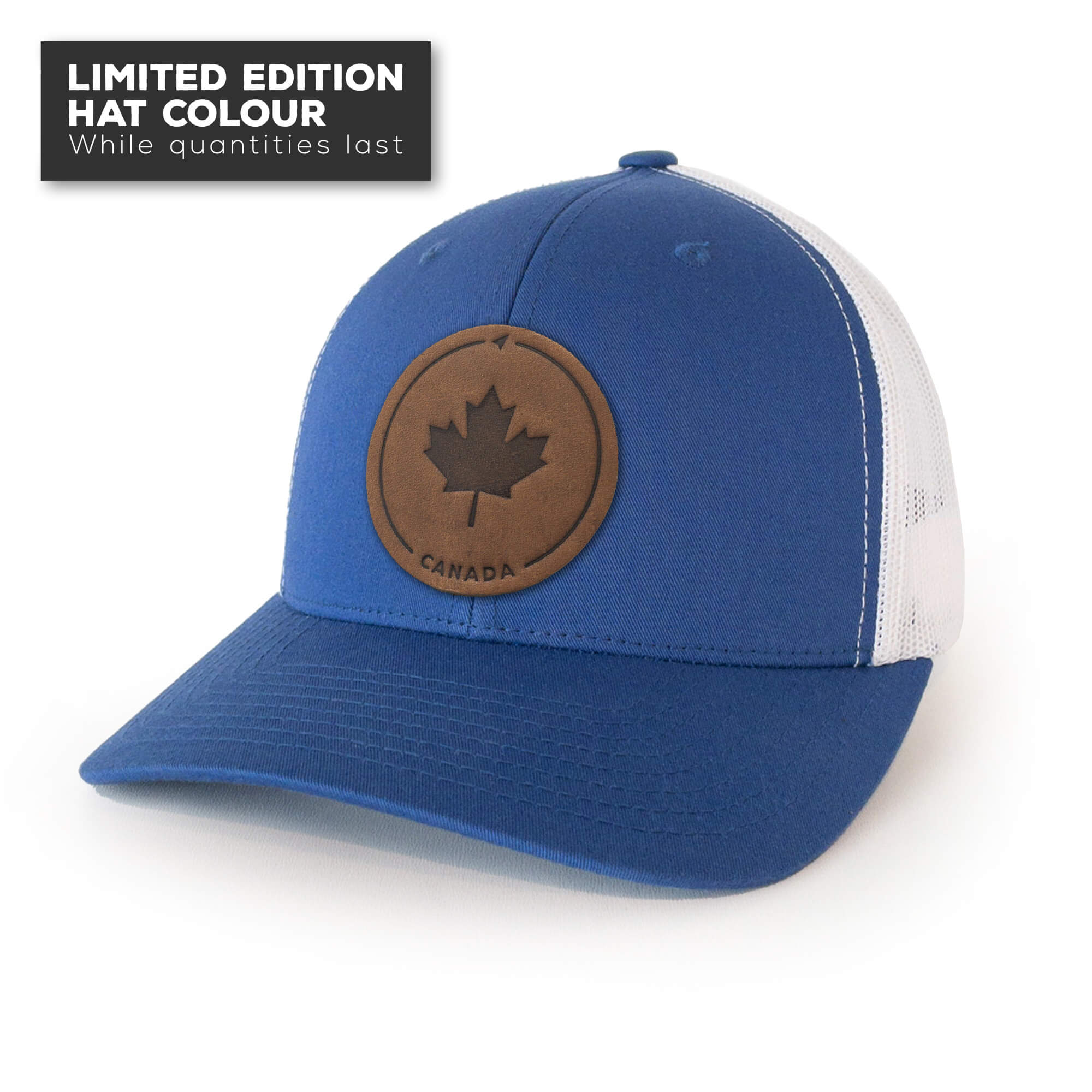 Royal Blue trucker hat with full-grain leather patch of Maple Leaf