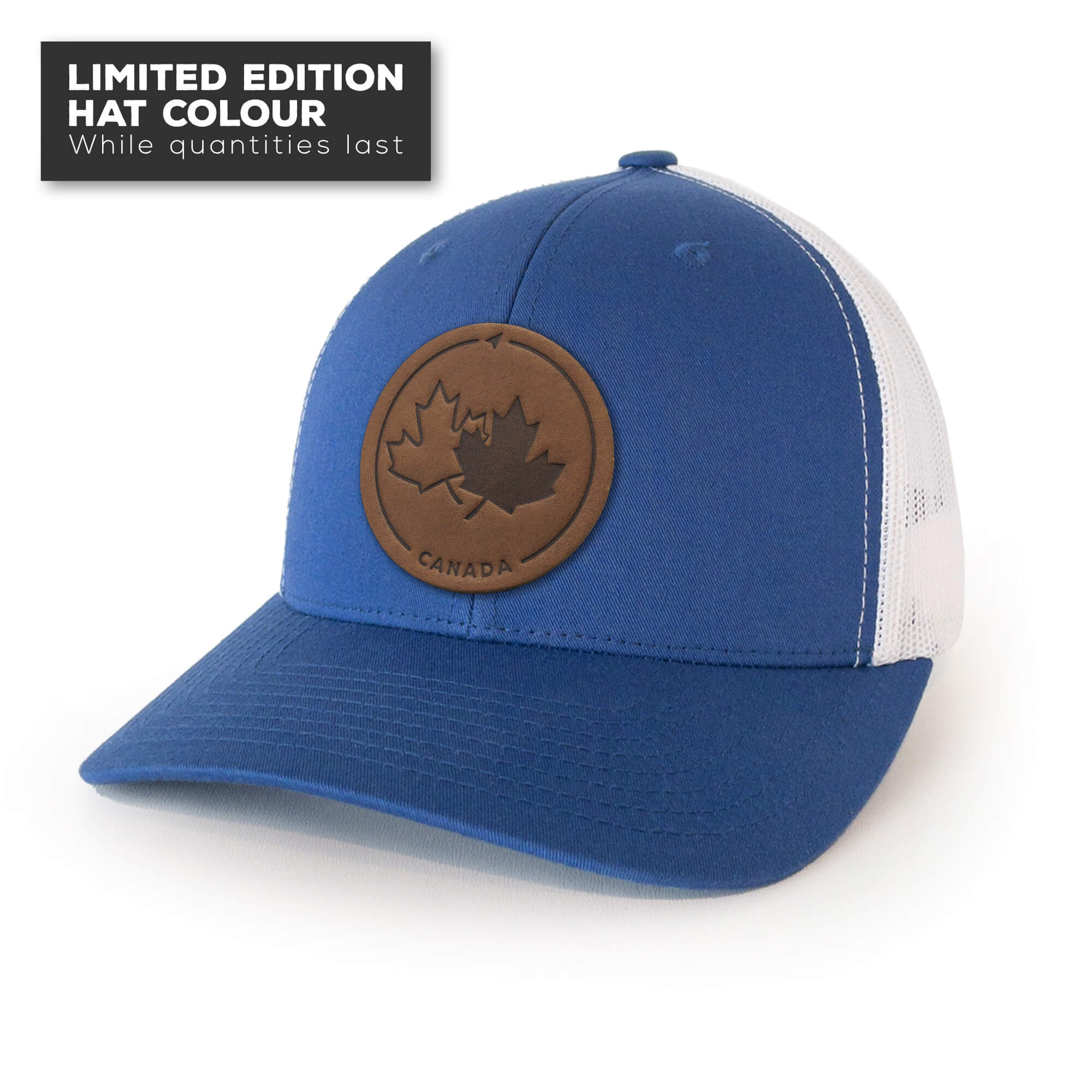 Royal Blue trucker hat with full-grain leather patch of Canada Strong and Free