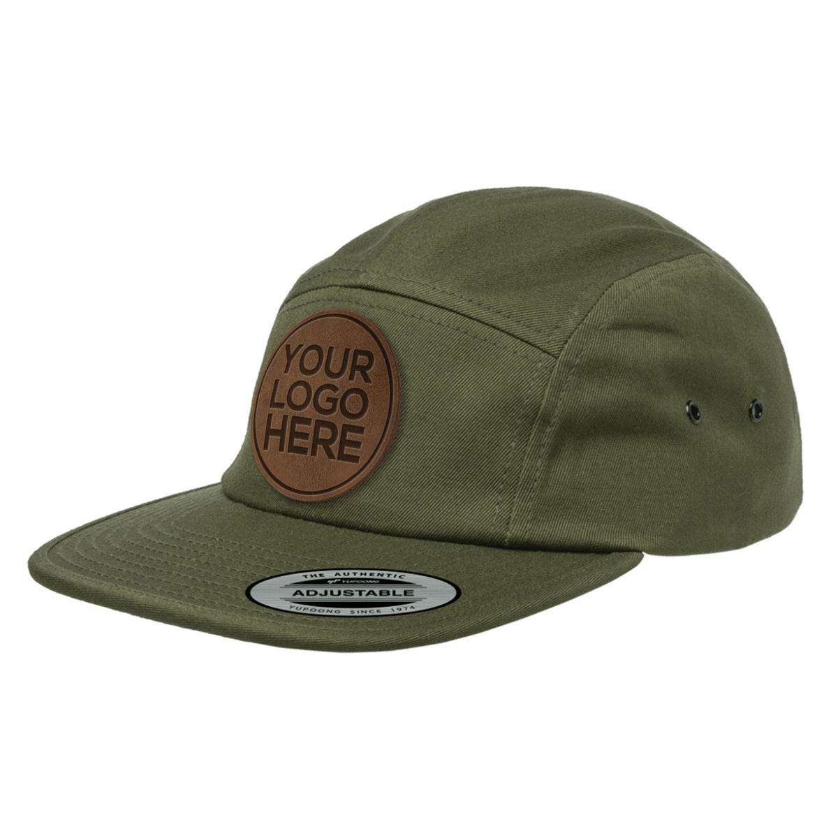 Custom leather patch jockey hat with "Your Logo Here" patch on white background