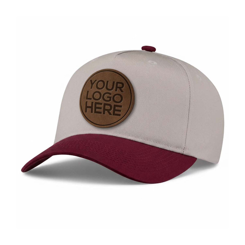 5-Panel hat with a customizable brown leather patch on a white background