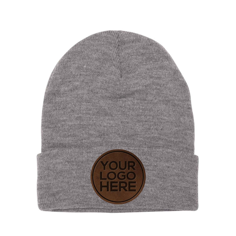 Custom leather patch toque with "Your Logo Here" patch on white background