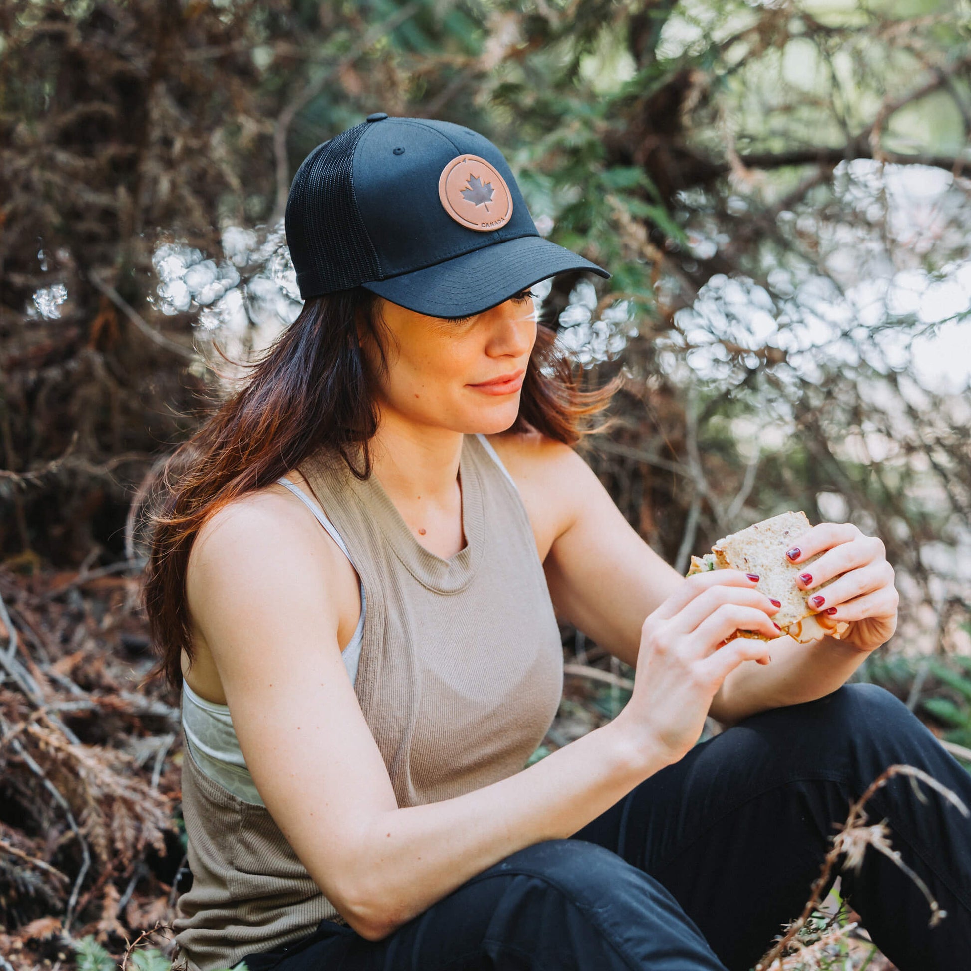 Black trucker hat with full-grain leather patch of Maple Leaf | BLACK-002-001, CHARC-002-001, NAVY-002-001, HGREY-002-001, MOSS-002-001, BROWN-002-001, RED-002-001