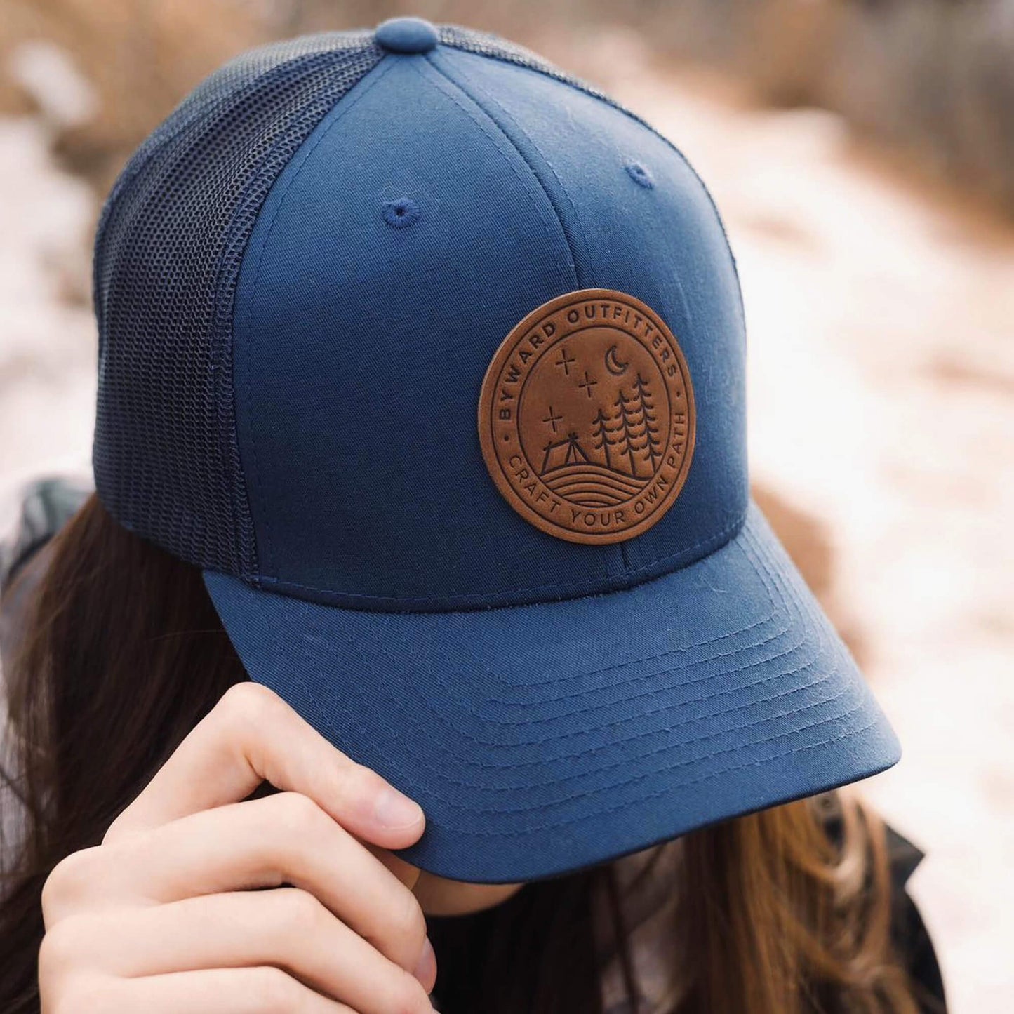 Navy trucker hat with full-grain leather patch of Stellar Night | BLACK-005-001, CHARC-005-001, NAVY-005-001, HGREY-005-001, MOSS-005-001, BROWN-005-001