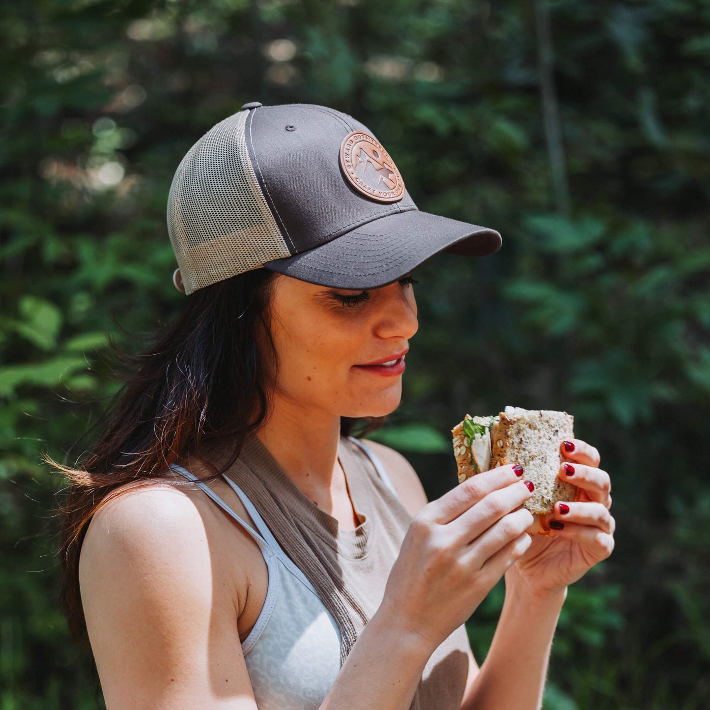 Brown and khaki trucker hat with full-grain leather patch of a Mountain Escape | BLACK-005-005, CHARC-005-005, NAVY-005-005, HGREY-005-005, MOSS-005-005, BROWN-005-005