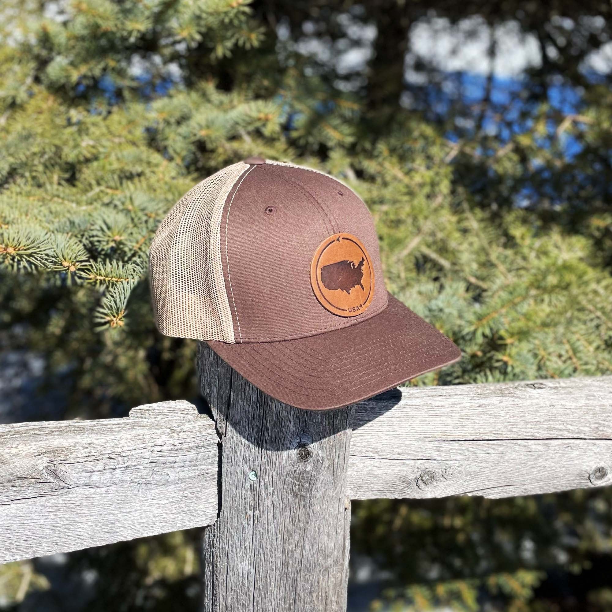 Brown and khaki trucker hat with full-grain leather patch of USA | BLACK-003-001, CHARC-003-001, NAVY-003-001, HGREY-003-001, MOSS-003-001, BROWN-003-001