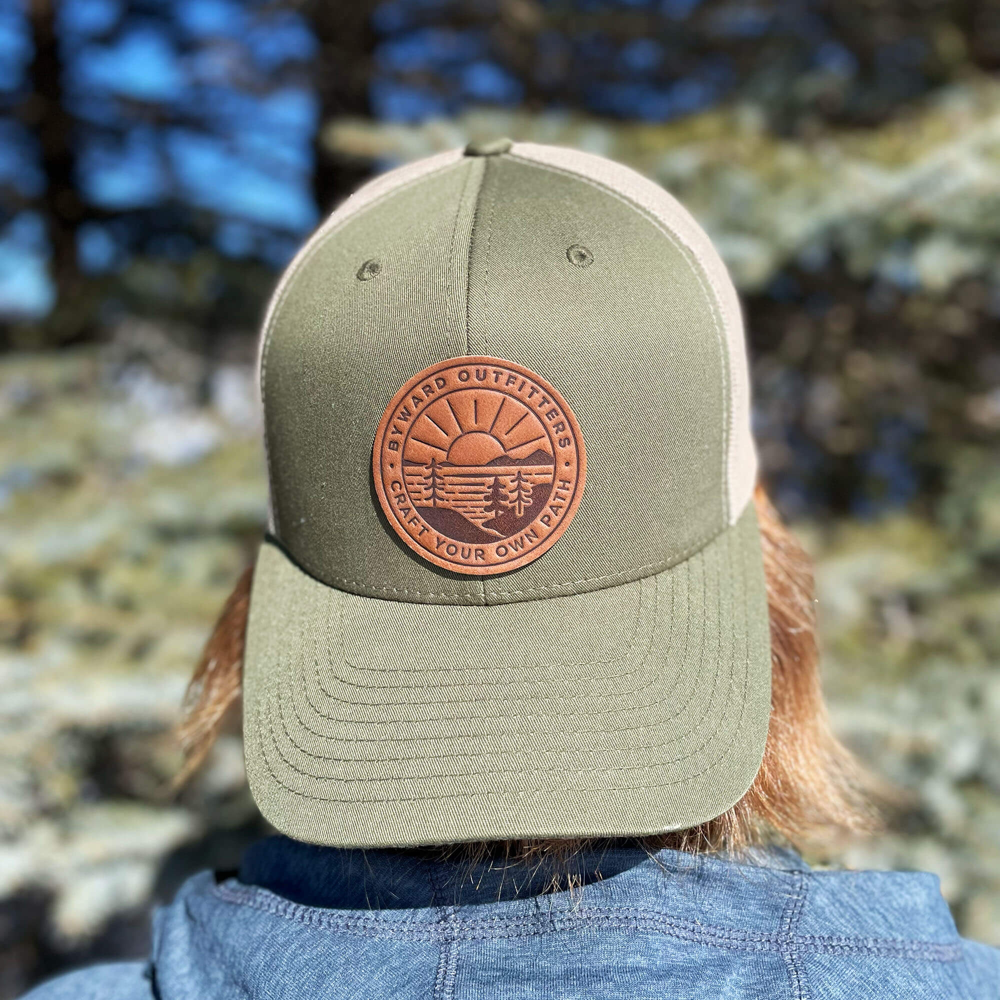 Moss Green and khaki trucker hat with full-grain leather patch of Scenic Sunrise | BLACK-005-002, CHARC-005-002, NAVY-005-002, HGREY-005-002, MOSS-005-002, BROWN-005-002